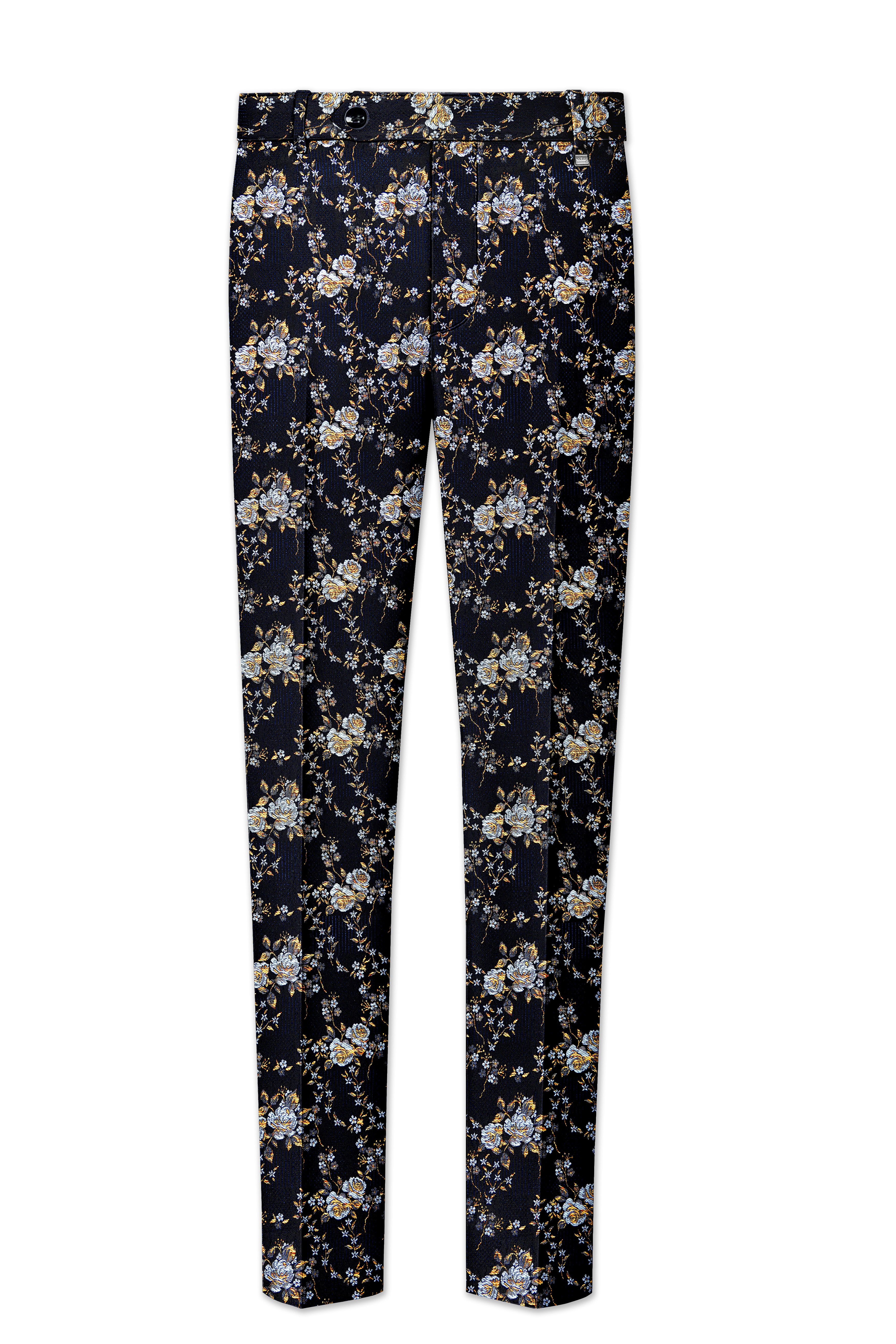 Chambray Blue with White Rose & Lily Textured Textured Stretchable Waistband Pant