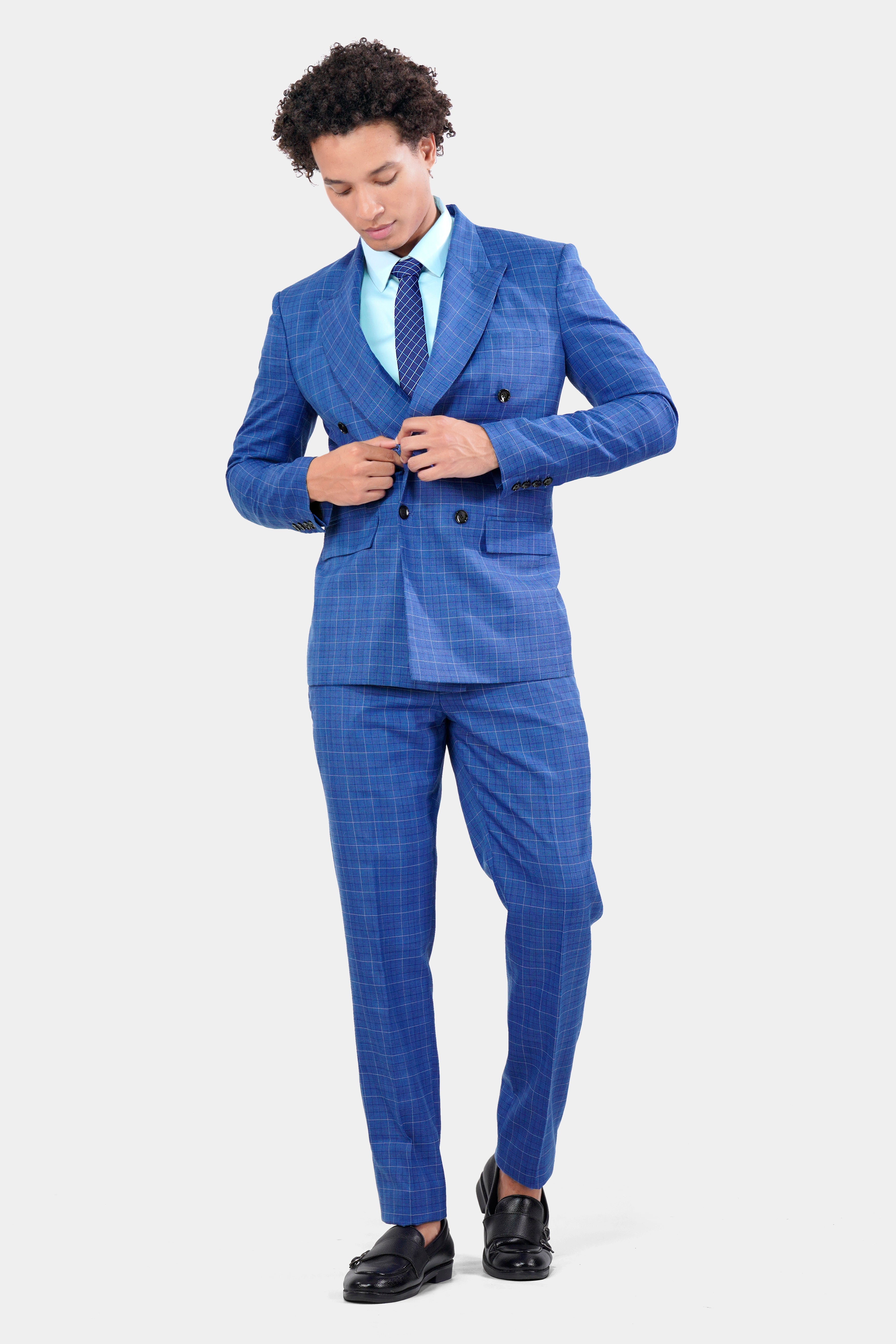 Cobalt Blue Checkered Wool Rich Stretchable Pant T2947-SW-28, T2947-SW-30, T2947-SW-32, T2947-SW-34, T2947-SW-36, T2947-SW-38, T2947-SW-40, T2947-SW-42, T2947-SW-44