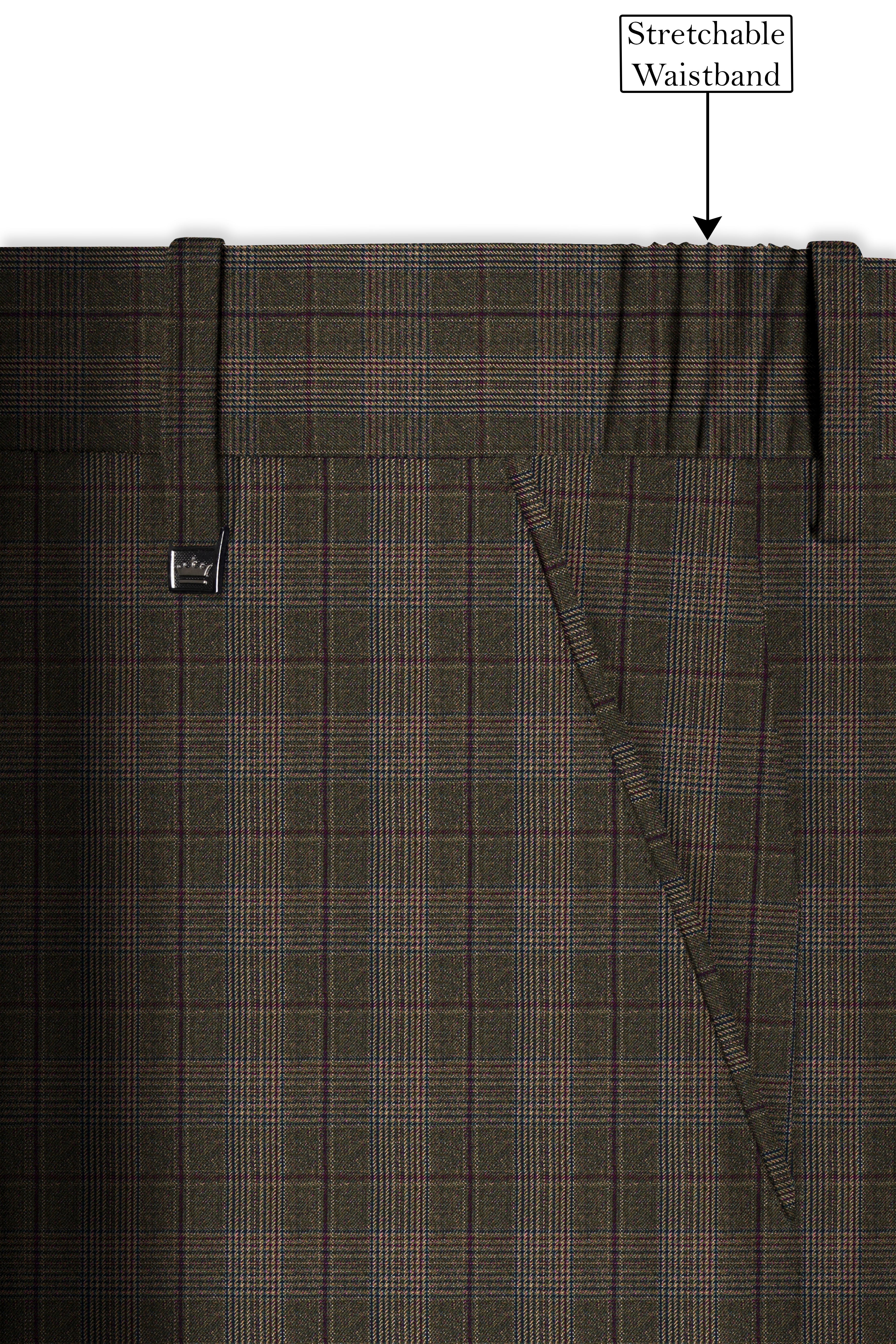 Fuscous Green and Bistre Brown Plaid Wool Rich Stretchable Pant