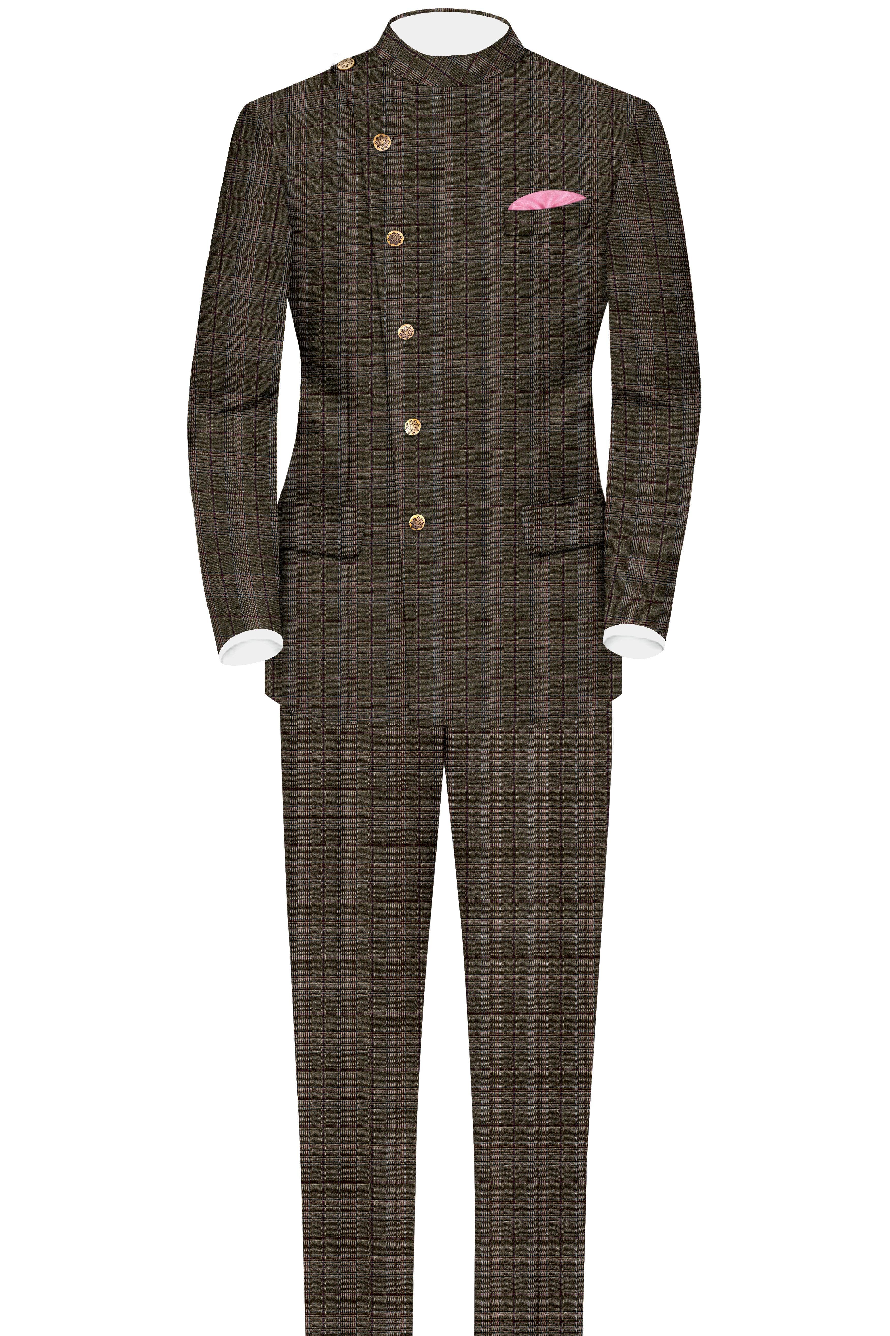 Fuscous Green and Bistre Brown Plaid Wool Rich Stretchable Pant