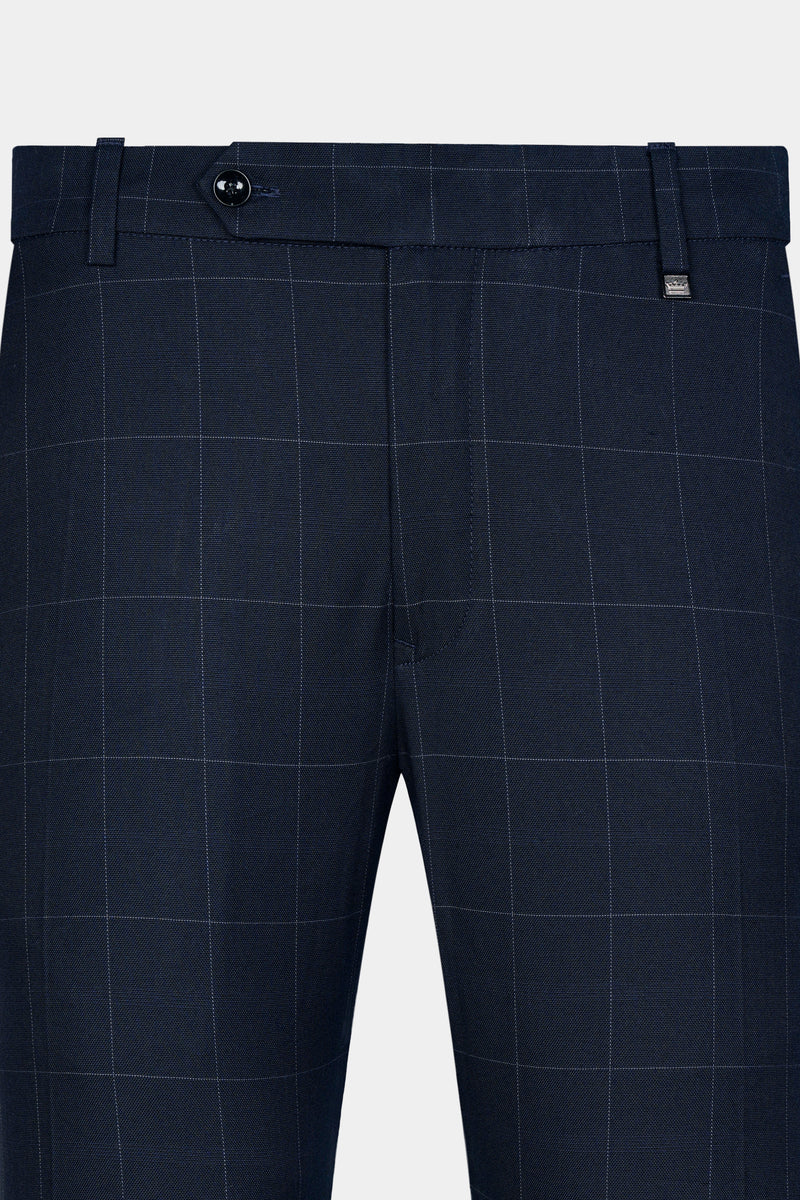 Ebony Blue and Bright White Windowpane Stretchable Waistband Premium Cotton Pant
