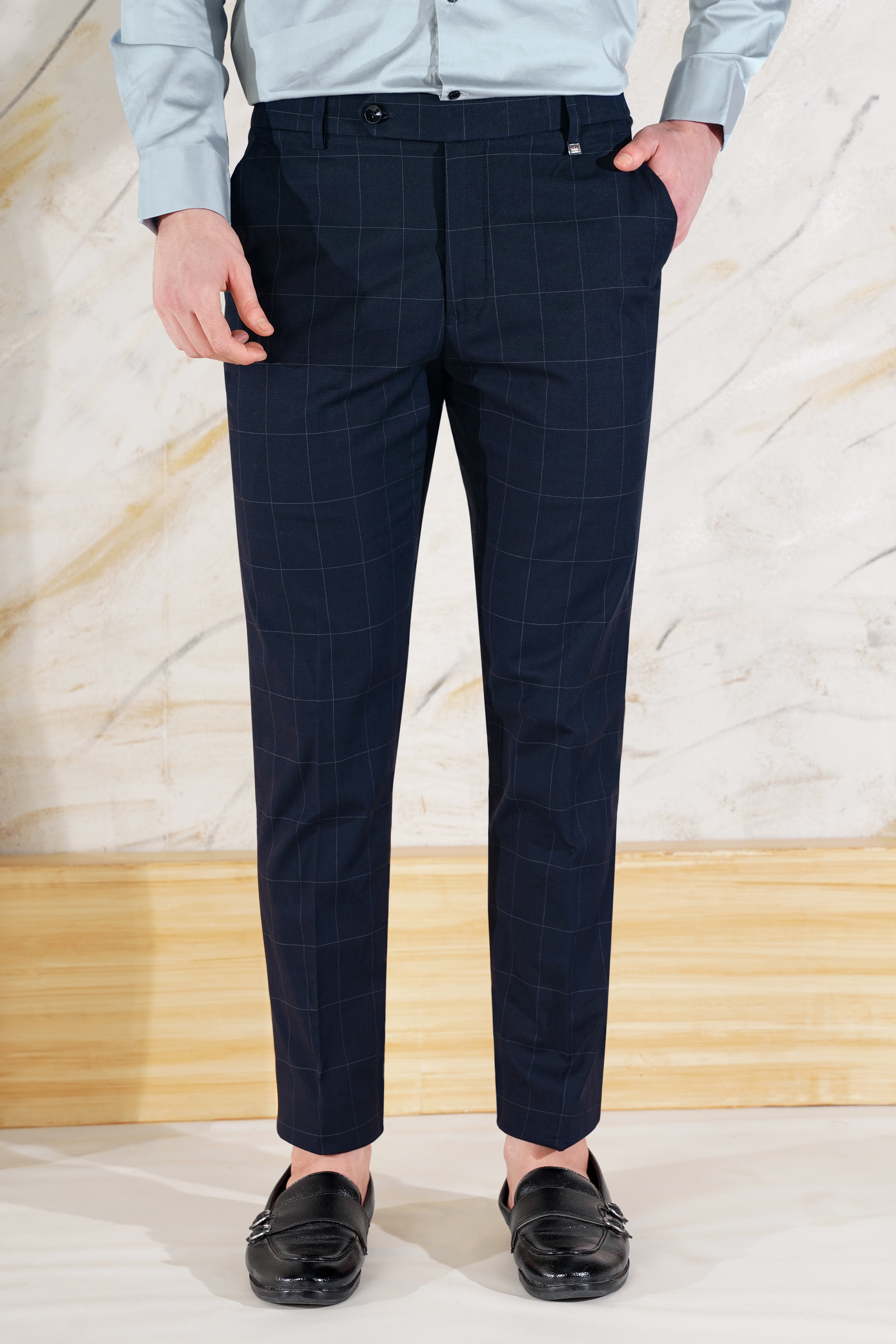 Ebony Blue and Bright White Windowpane Stretchable Waistband Premium Cotton Pant T3074-SW-28, T3074-SW-30, T3074-SW-32, T3074-SW-34, T3074-SW-36, T3074-SW-38, T3074-SW-40, T3074-SW-42, T3074-SW-44