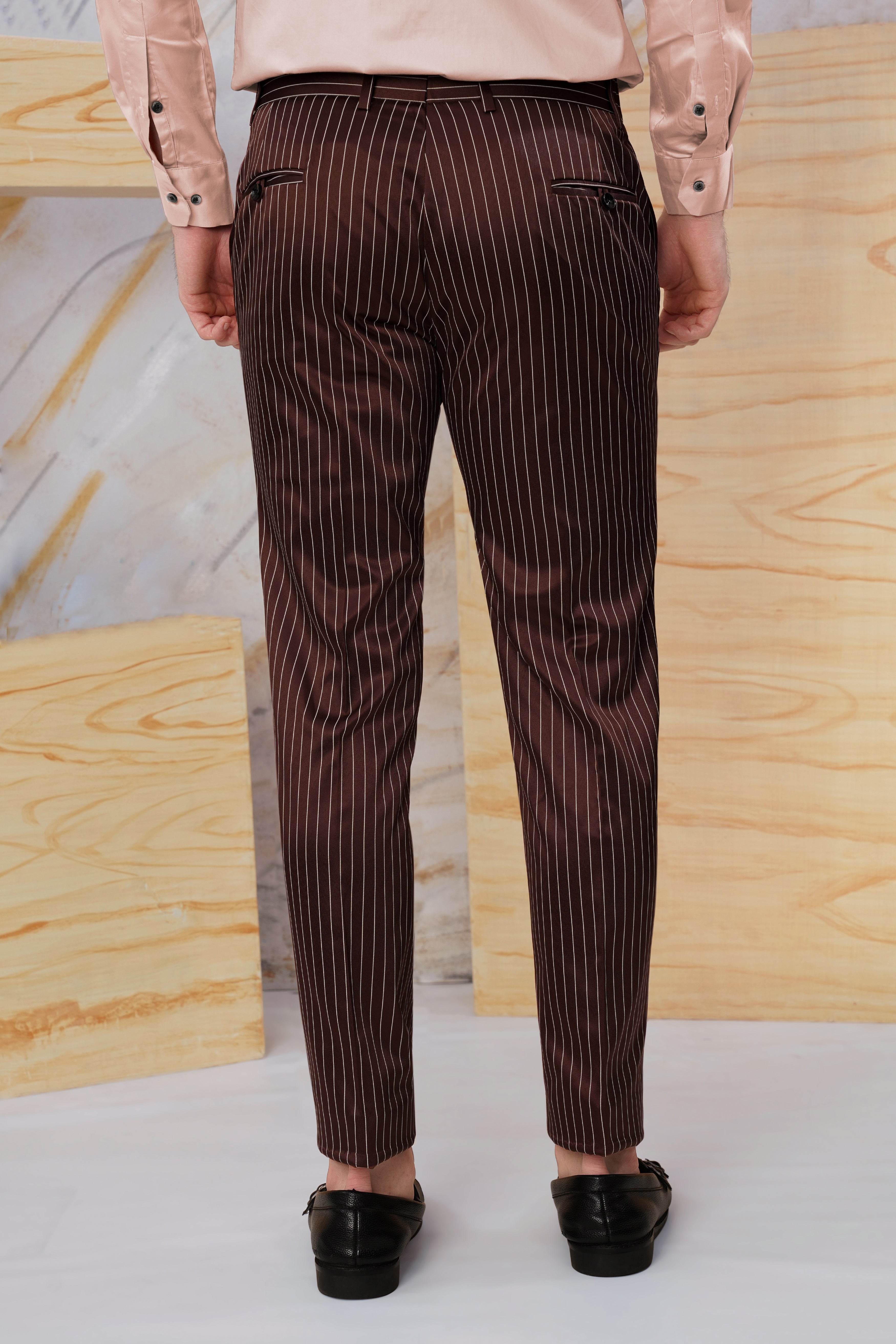 Cork Brown and White Striped Wool Rich Stretchable Waistband Pant