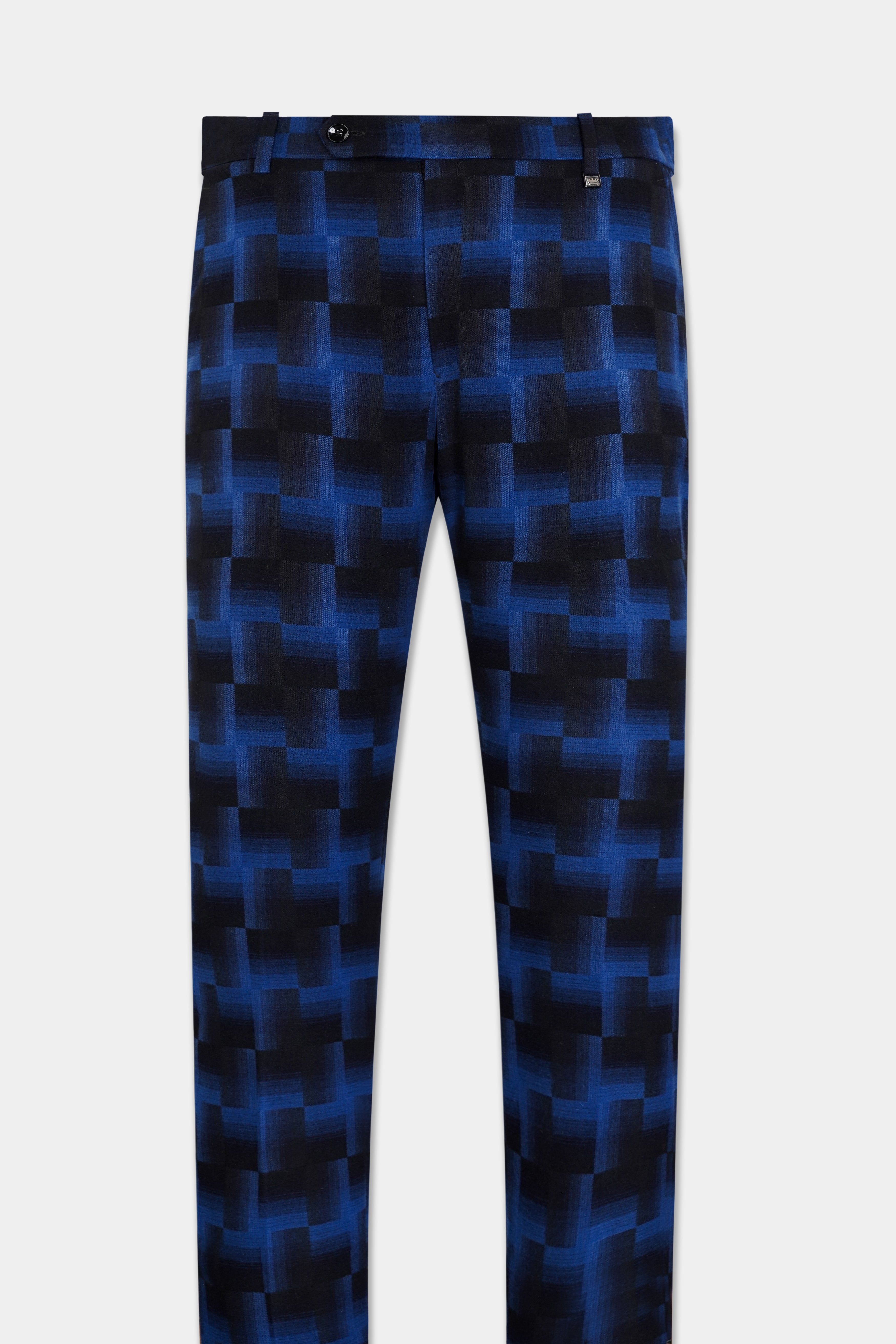 Marine Blue and Black Geometric Pattern Wool Rich Stretchable Waistband Pant