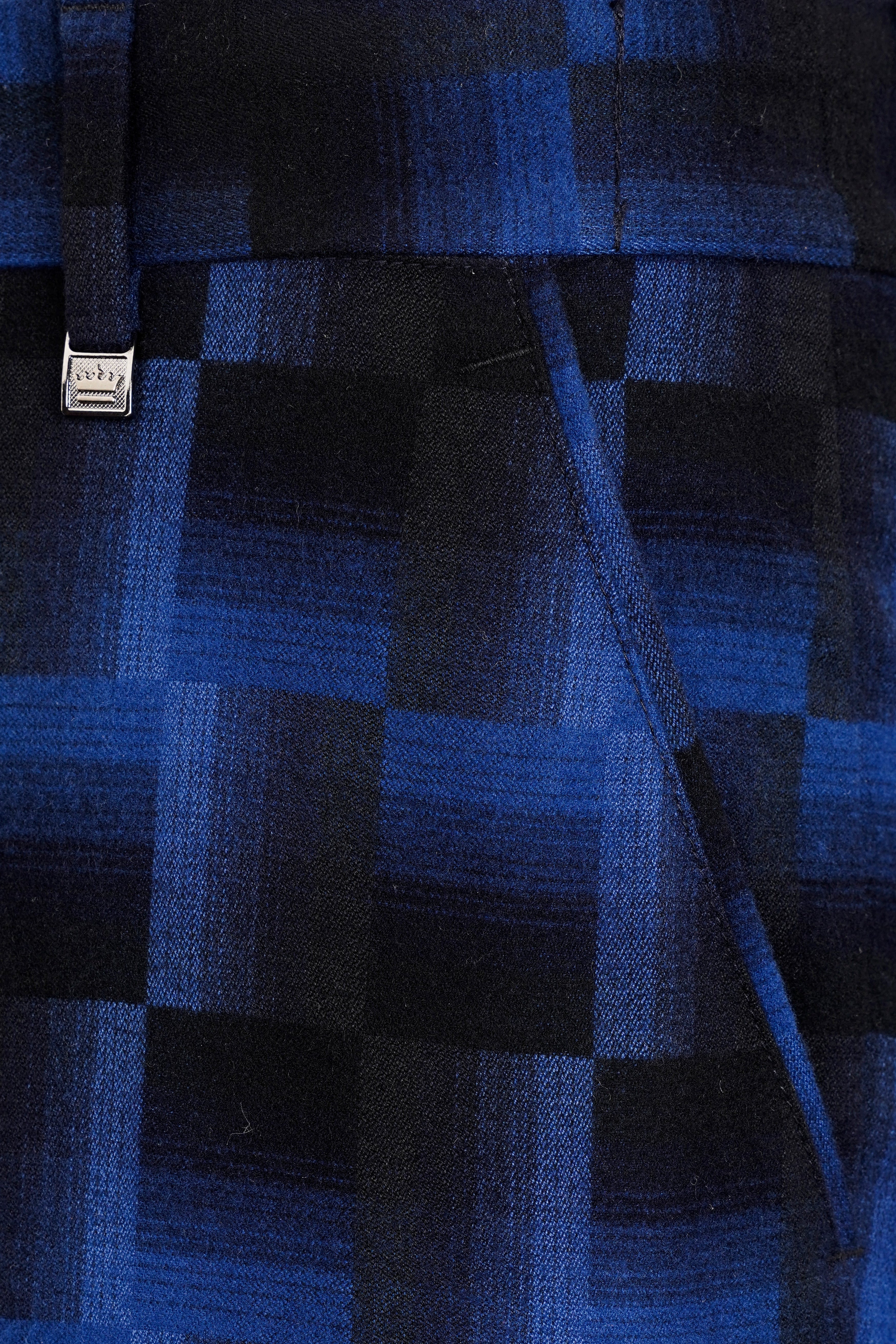 Marine Blue and Black Geometric Pattern Wool Rich Stretchable Waistband Pant