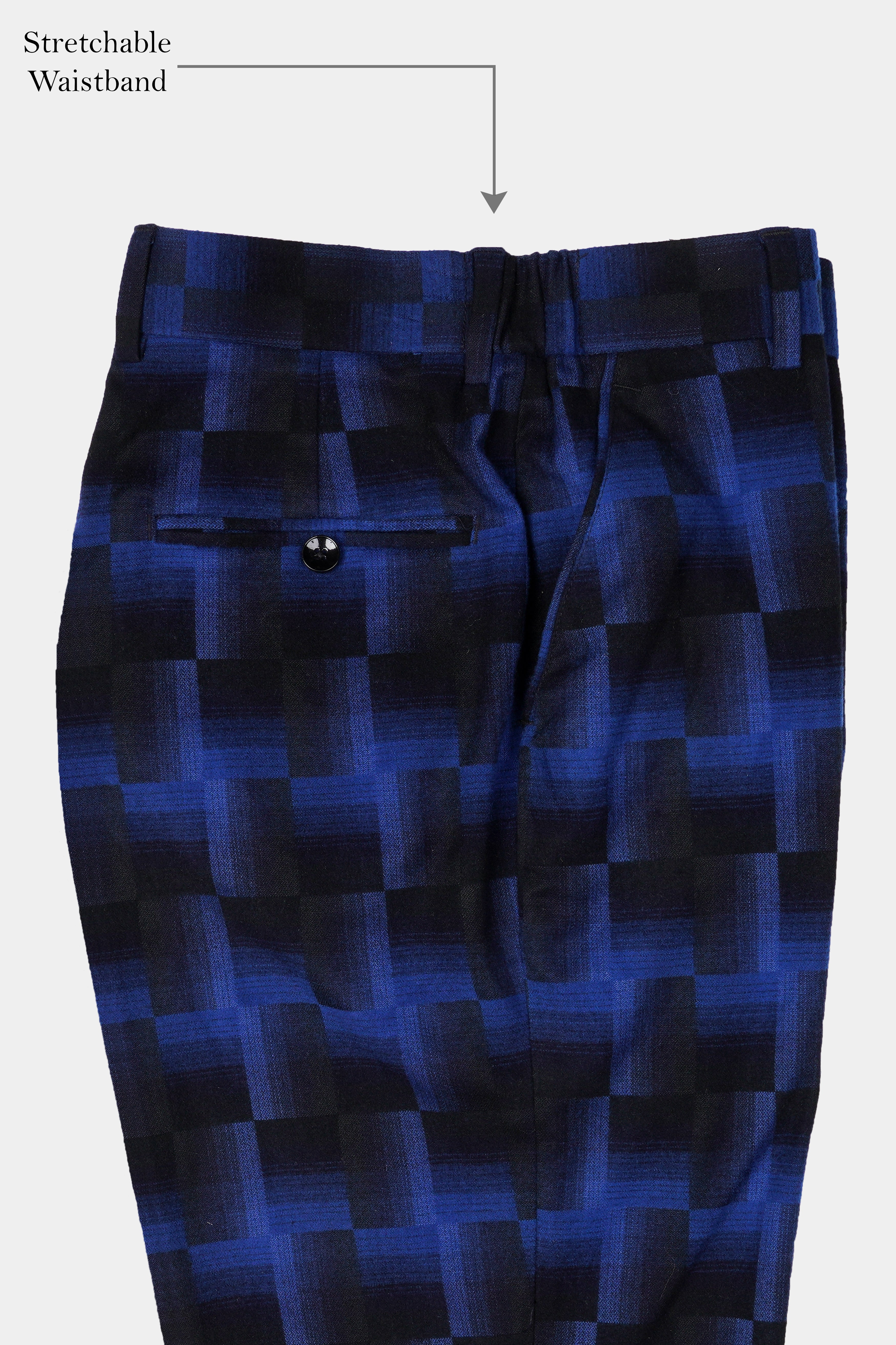 Marine Blue and Black Geometric Pattern Wool Rich Stretchable Waistband Pant