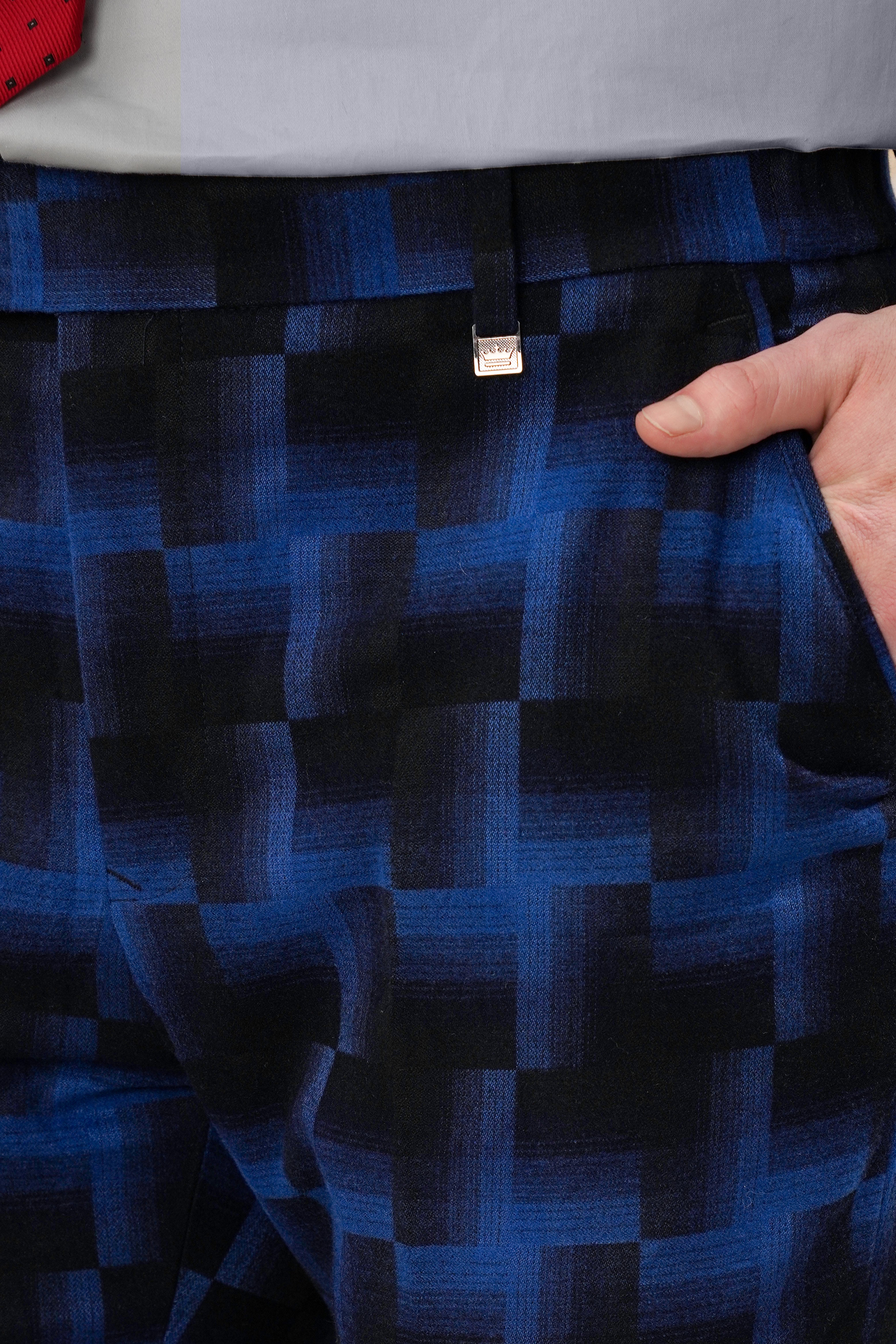 Marine Blue and Black Geometric Pattern Wool Rich Stretchable Waistband Pant