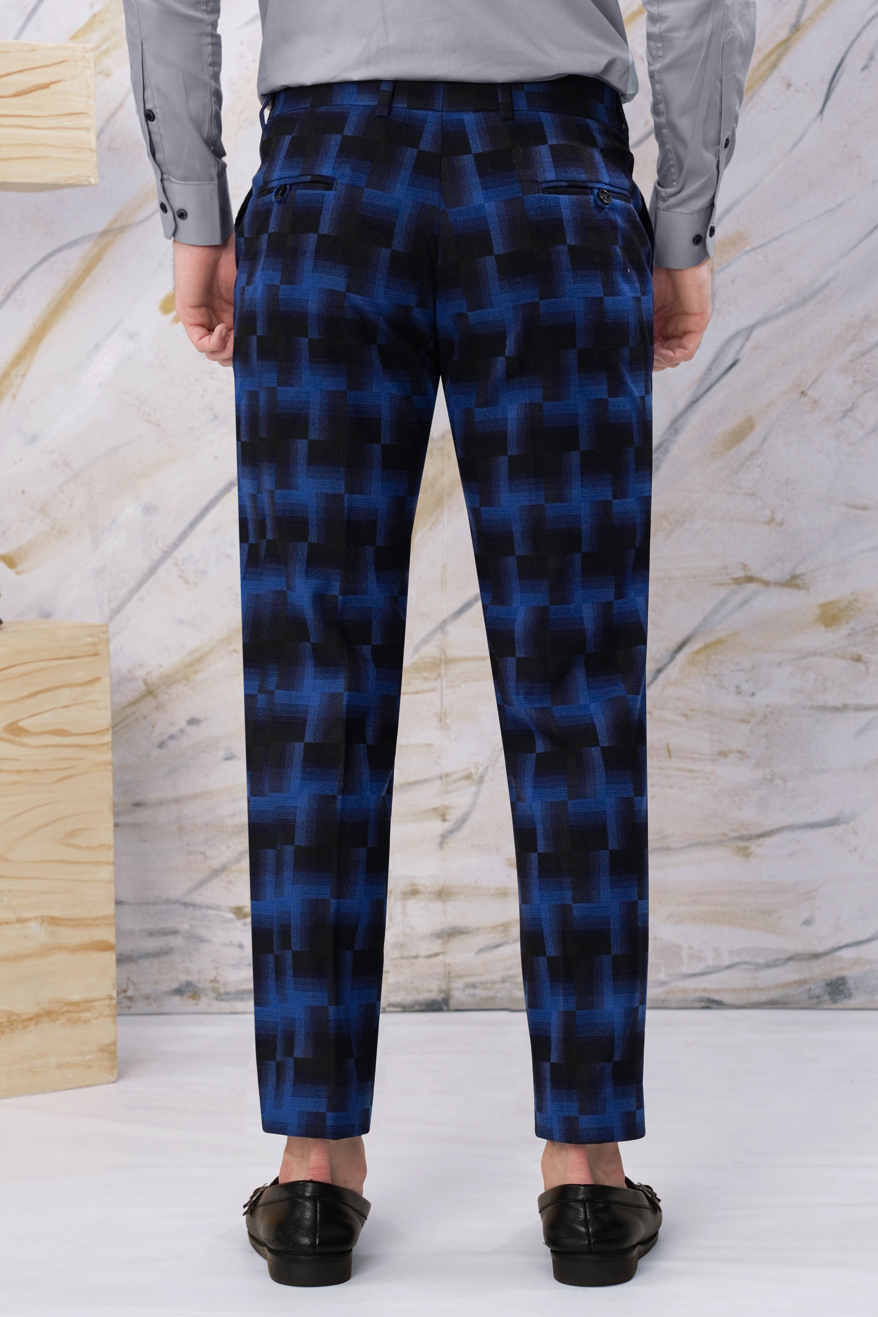 Marine Blue and Black Geometric Pattern Wool Rich Stretchable Waistband Pant