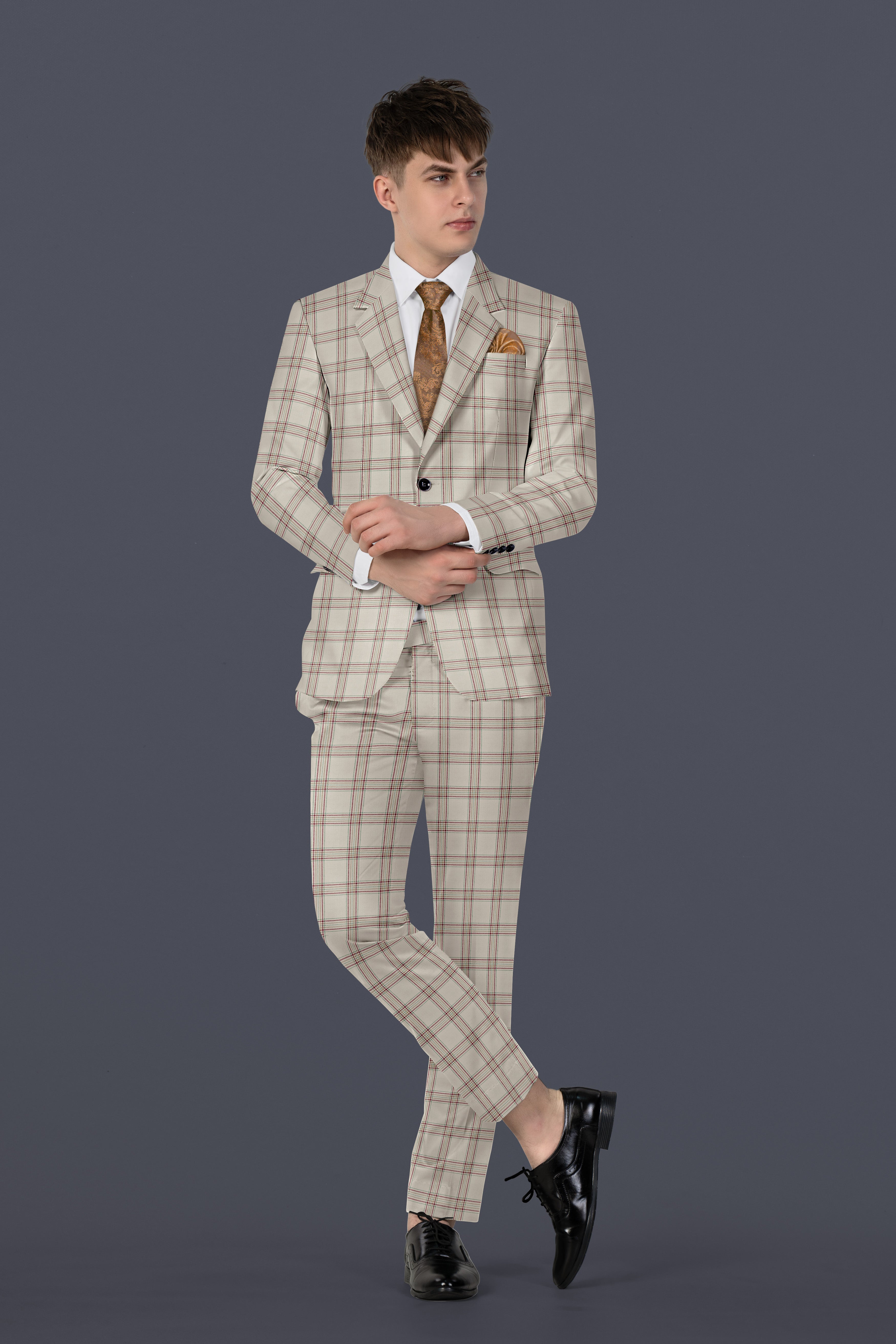 Swirl Cream with Maroon and Green windowpane Tweed Pant