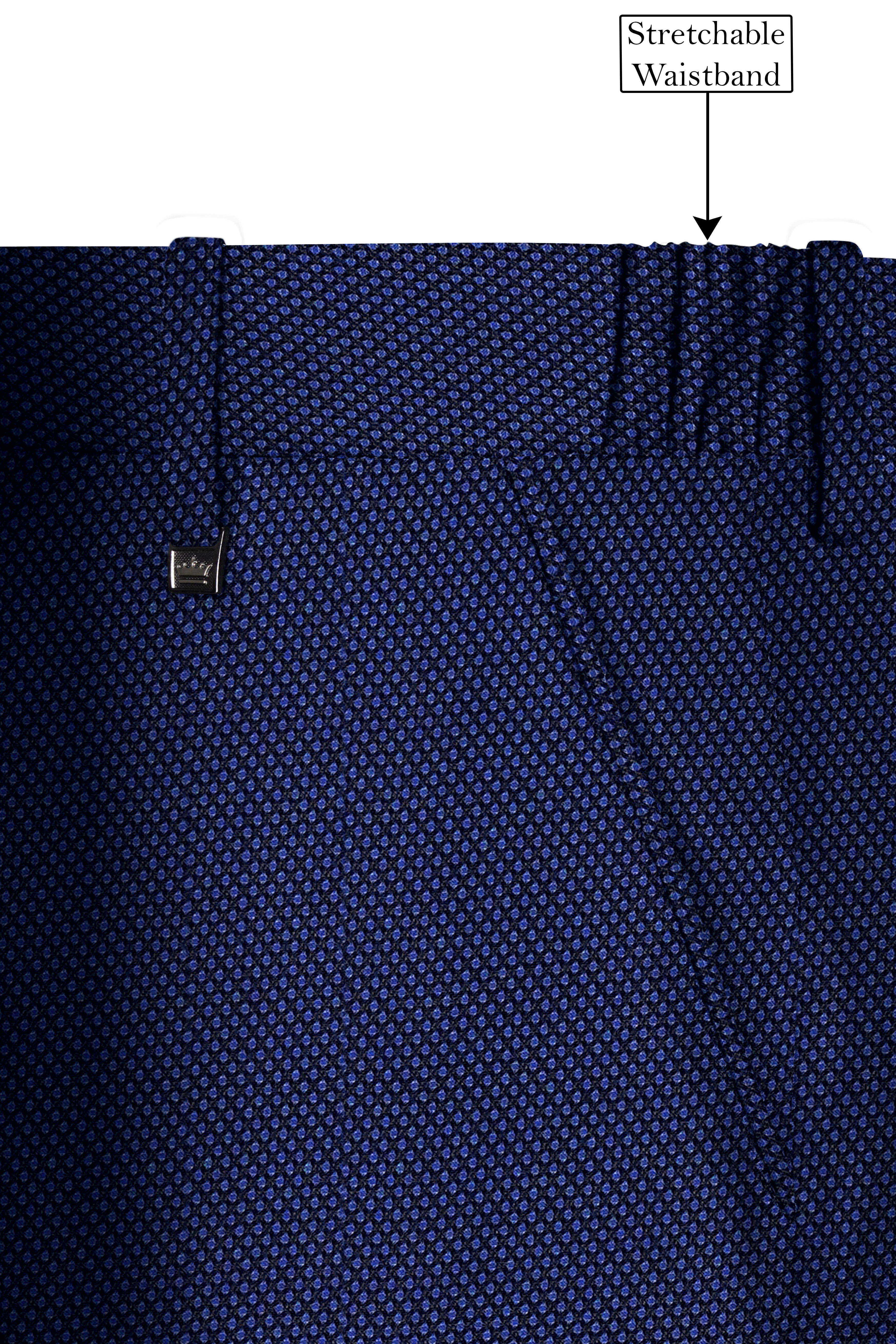 Midnight Blue Textured Wool Rich Stretchable Waistband Pant