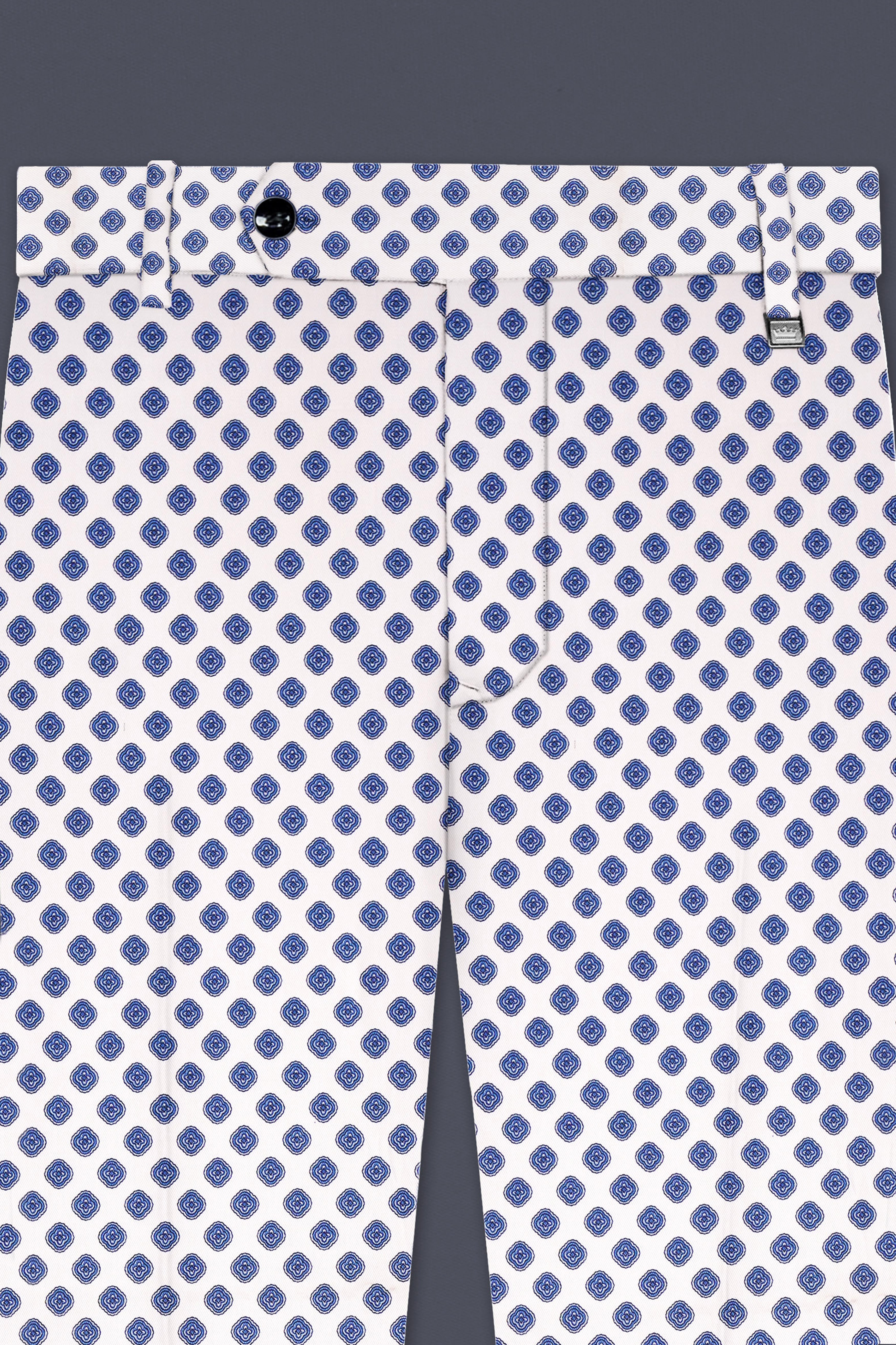 Ocean Echo-Bright White And Mariner Blue Retro Printed Cotton Stretchable Waistband Pant