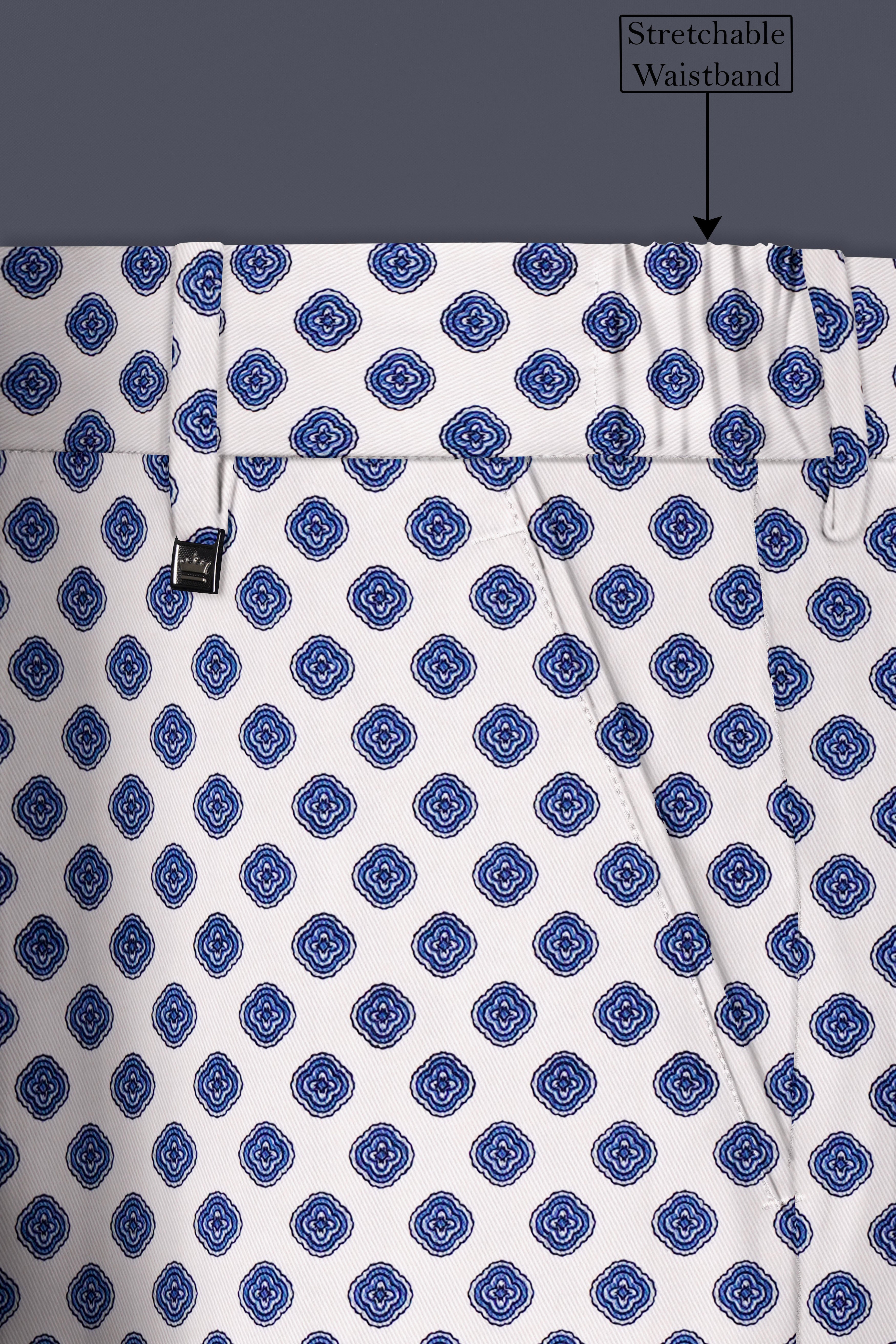 Ocean Echo-Bright White And Mariner Blue Retro Printed Cotton Stretchable Waistband Pant