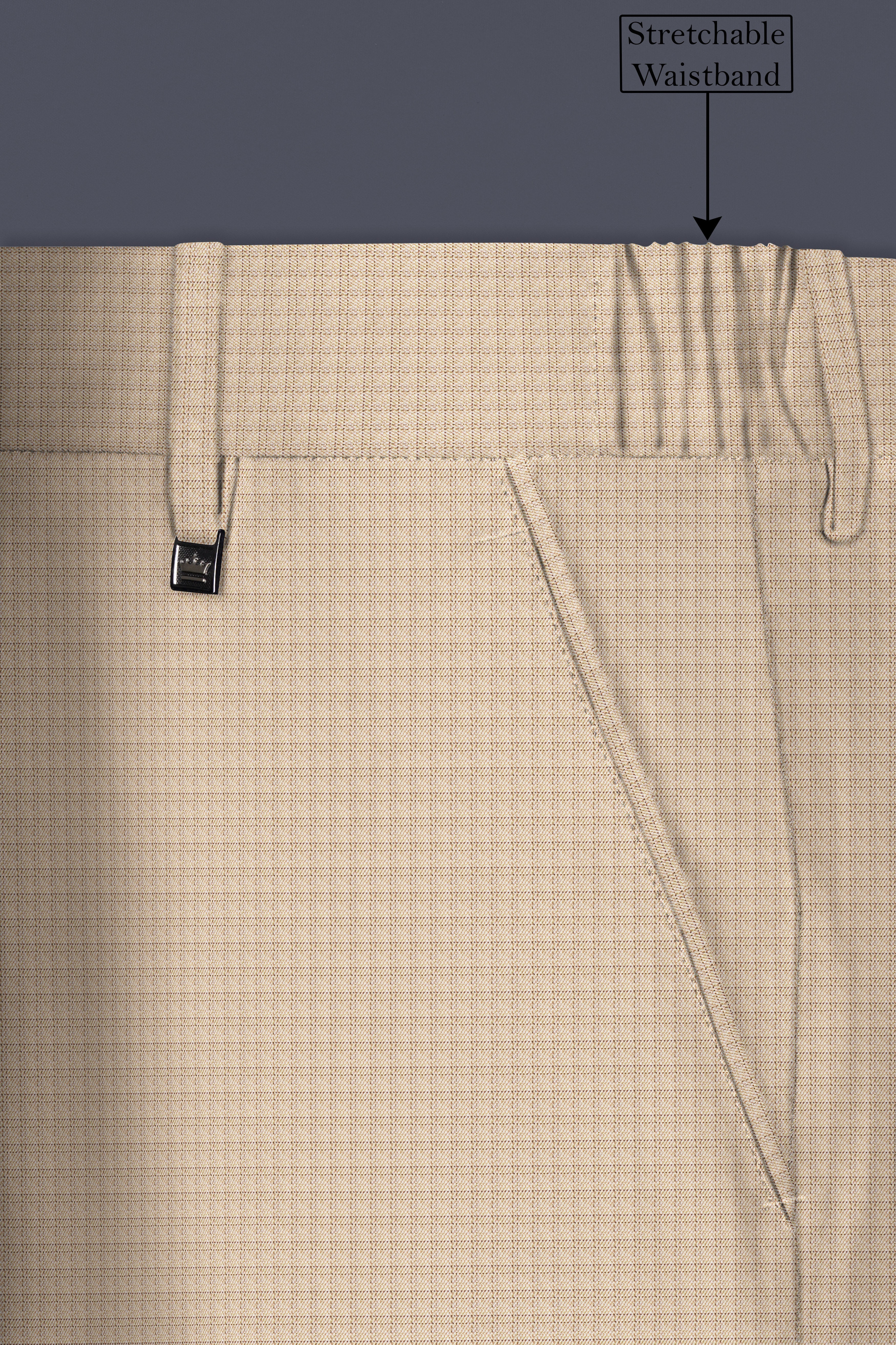 Almond-Pavlova Cream Plaid Wool Rich Stretchable Waistband Pant