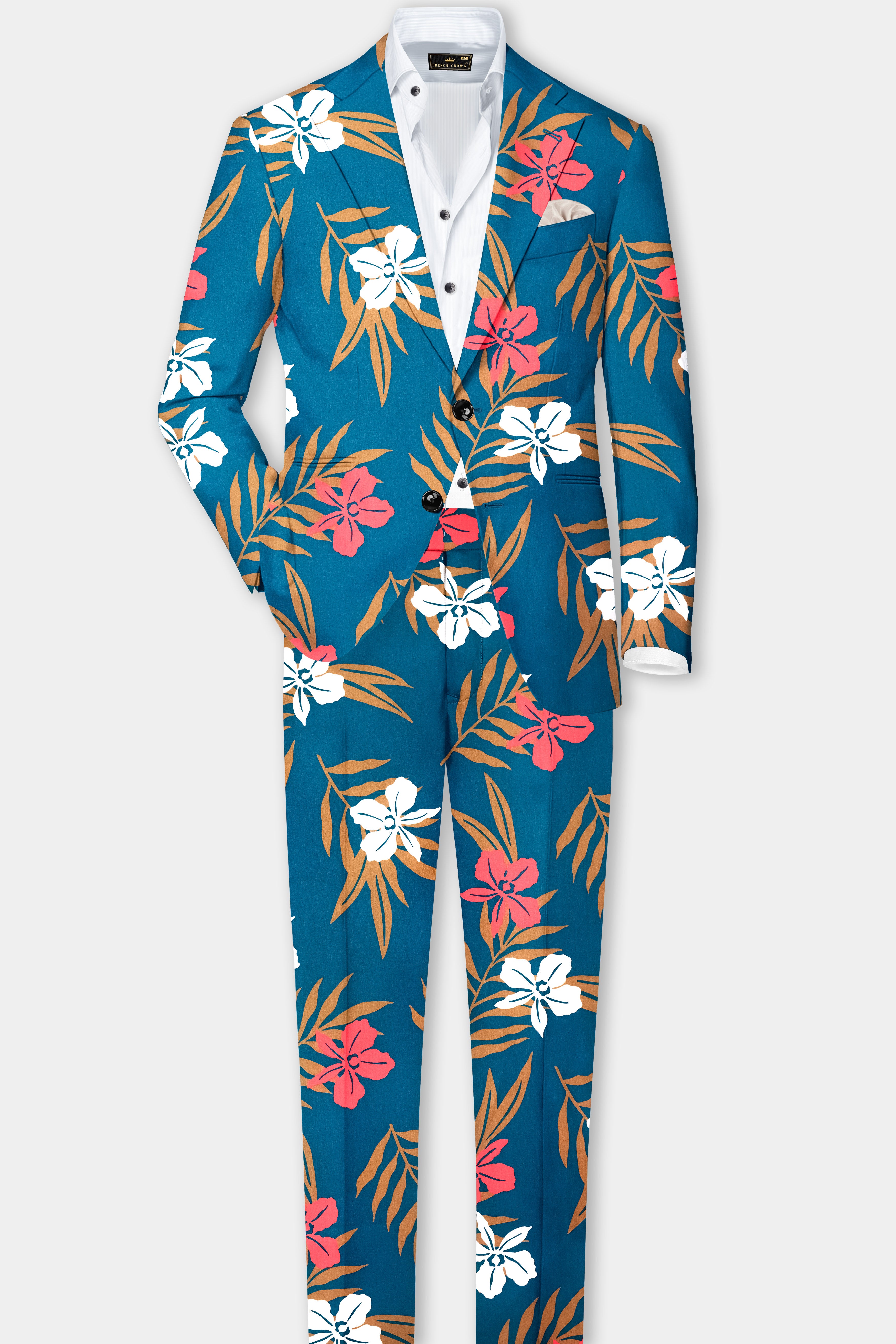 Venice Blue Floral Printed Cotton Stretchable Waistband Pant
