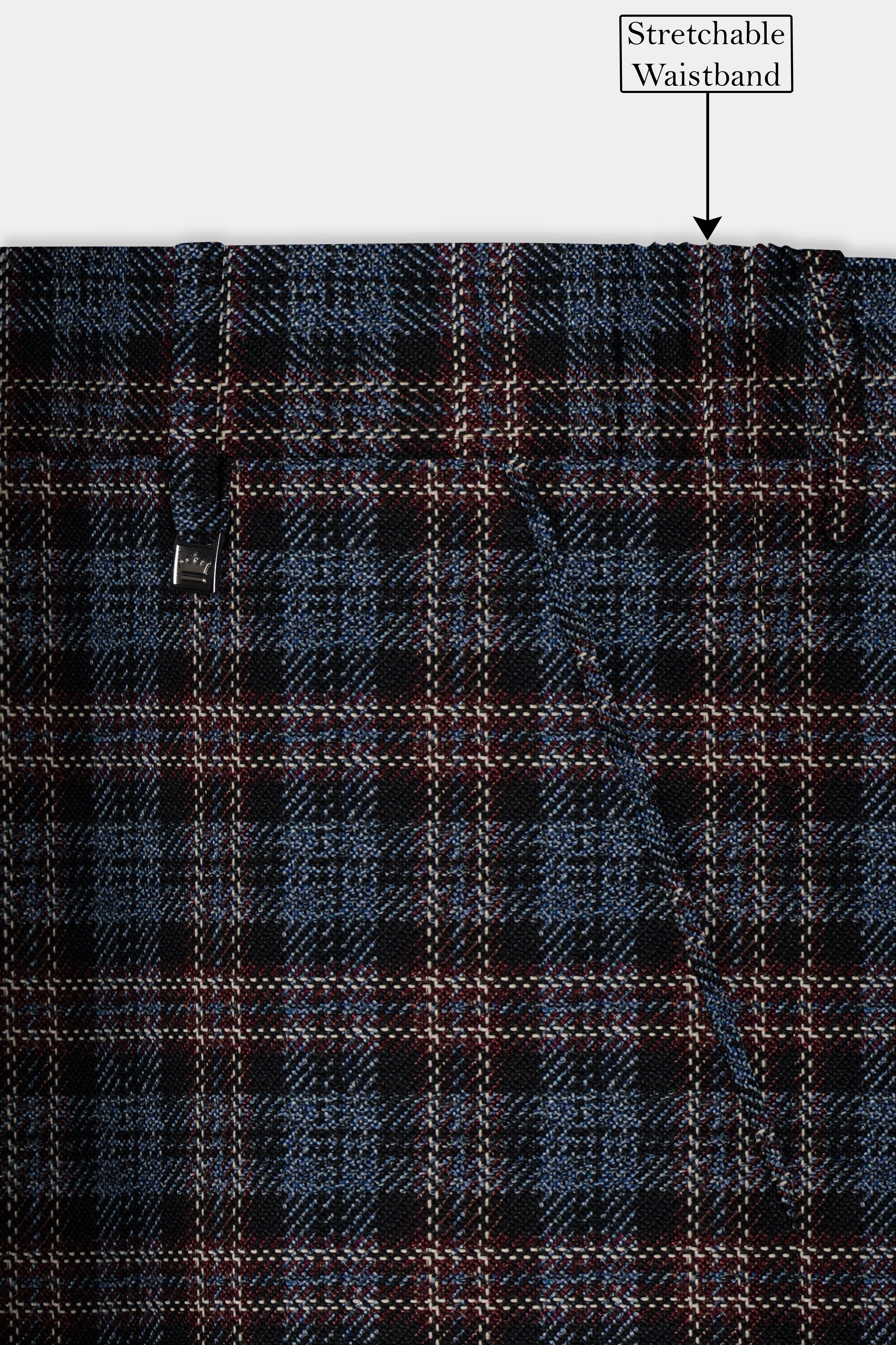 Asphalt Blue Plaid Wool Rich Stretchable Waistband Pant