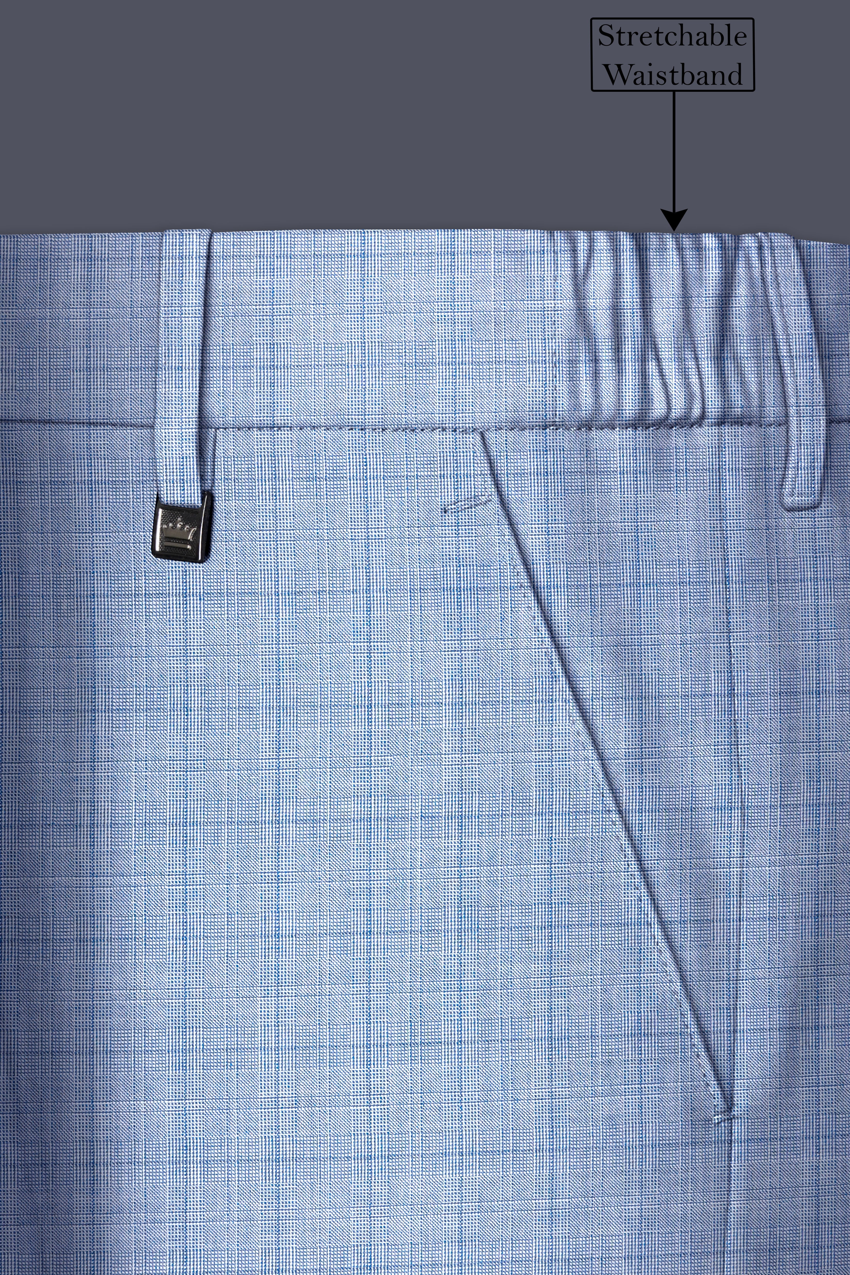 Aurelien-Cornflower Blue Windowpane Wool Rich Stretchable Waistband Pant