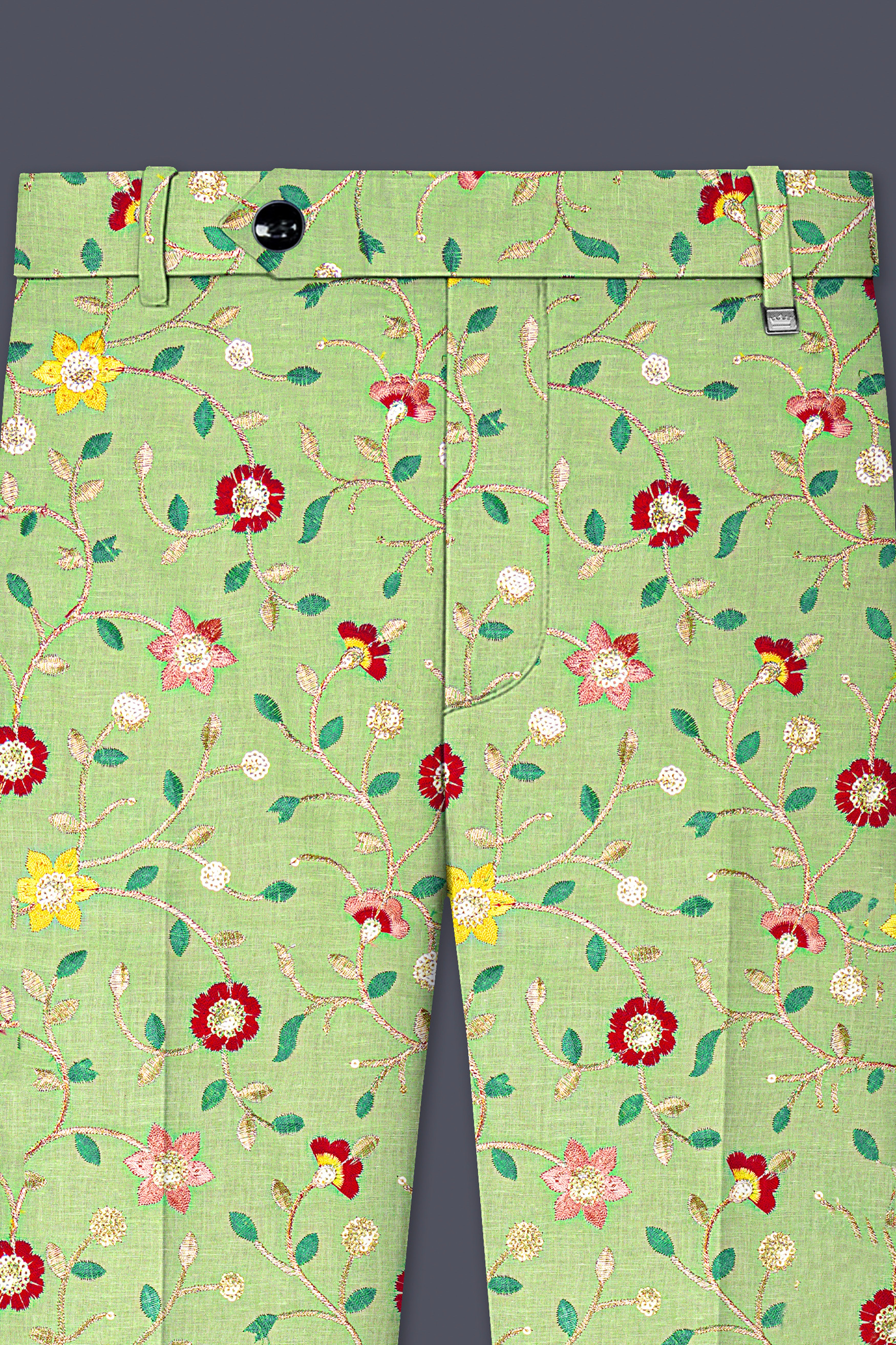 Verdoria-Hampton Green and Beryl Red Floral Multicolour Cotton Thread Embroidered Designer Stretchable Waistband Pant