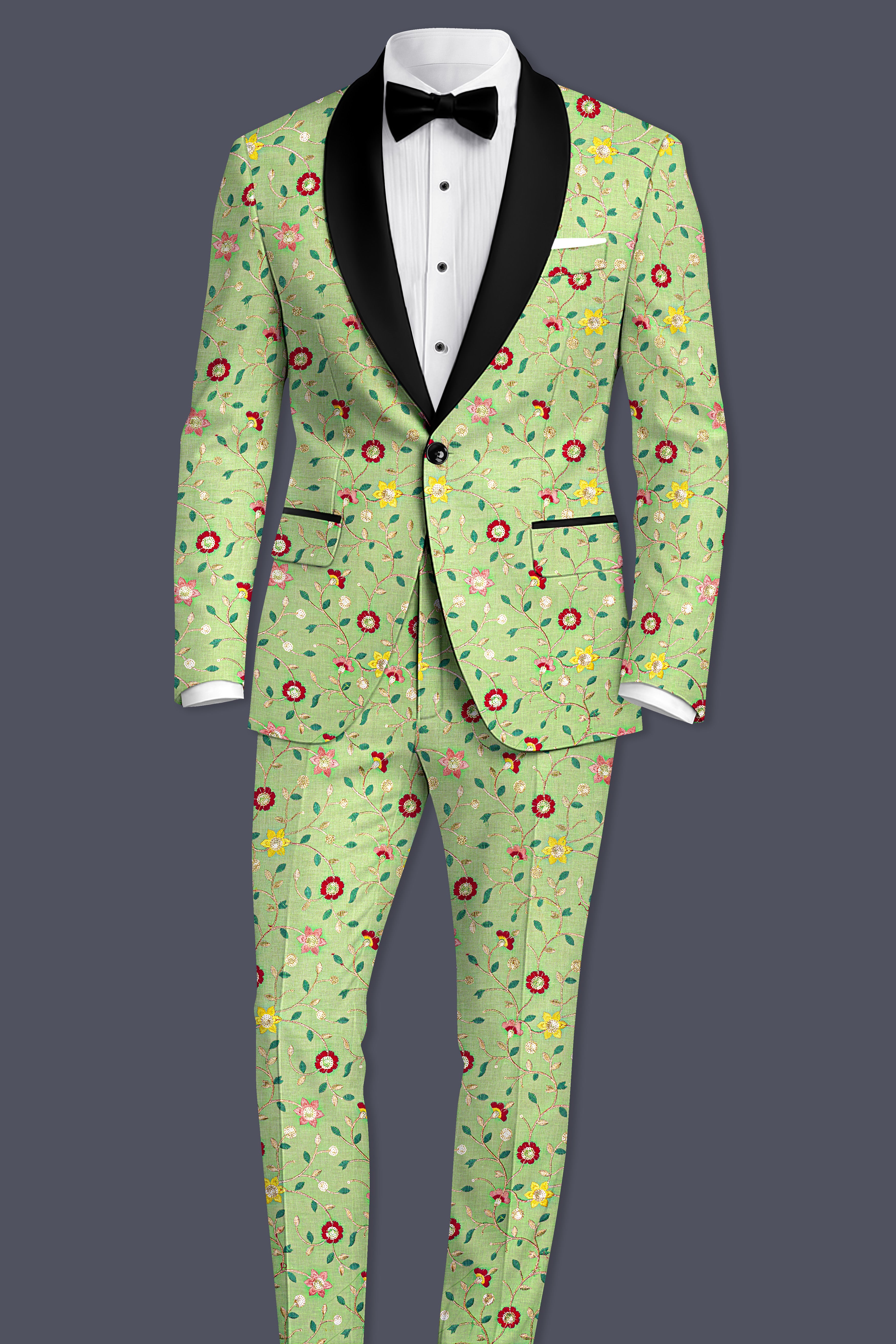 Verdoria-Hampton Green and Beryl Red Floral Multicolour Cotton Thread Embroidered Designer Stretchable Waistband Pant