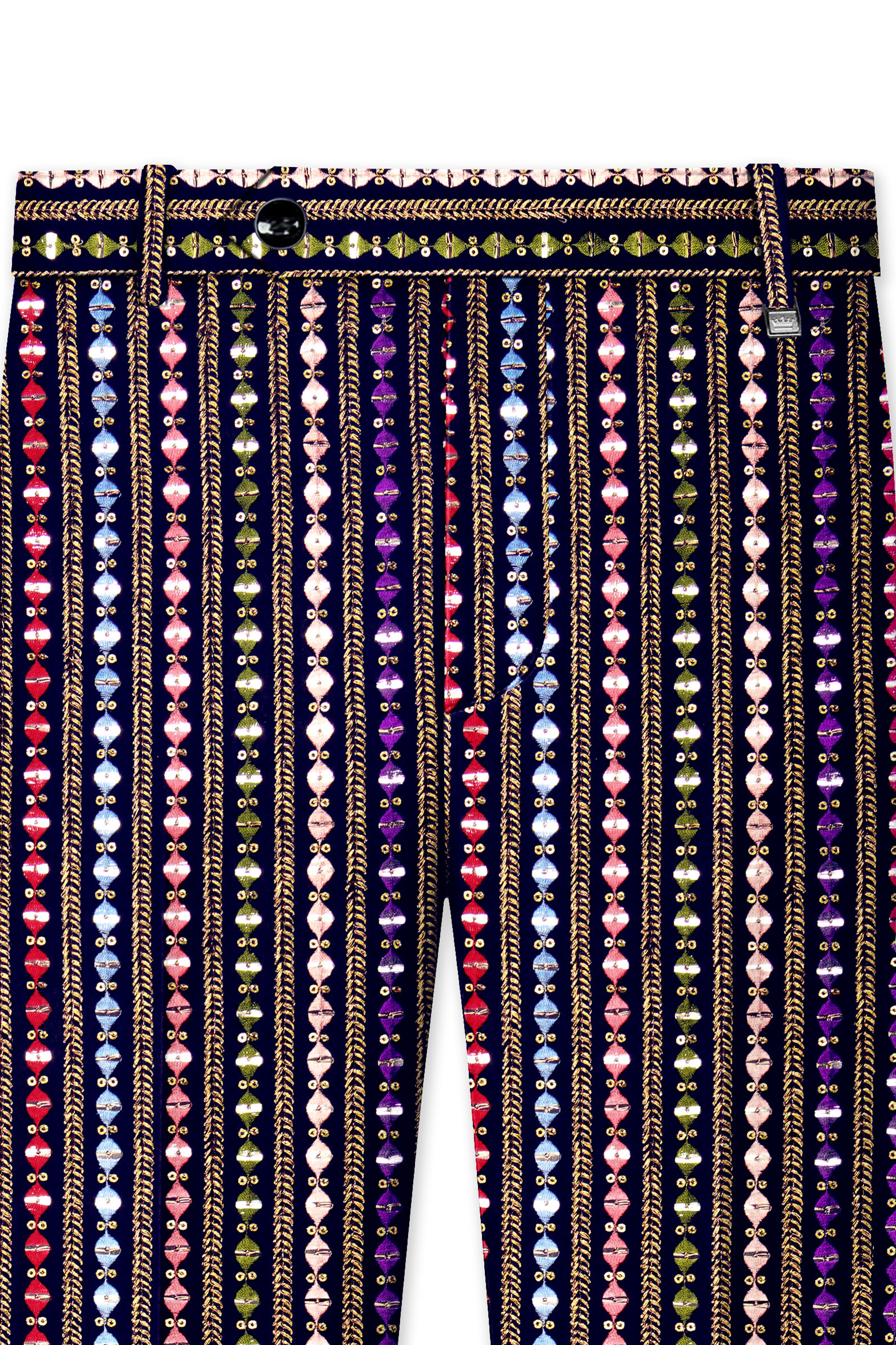 Lumivon-Ebony Blue and Cerise Pink Vertical Thread and Sequin Embroidered Designer Stretchable Waistband Pant