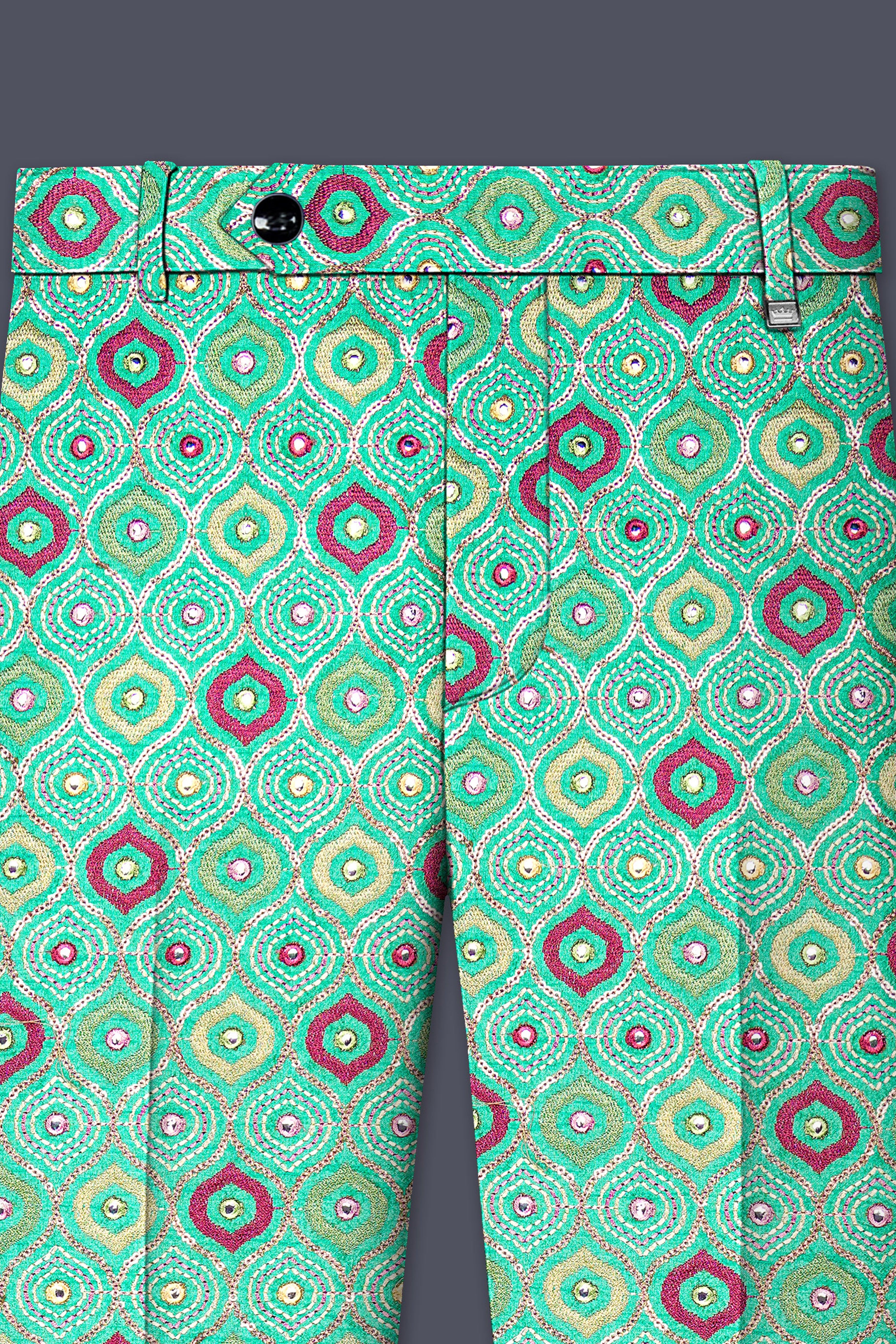 Florambre-Bermuda Green and Charm Pink Ogee Cotton Thread Embroidered Designer Stretchable Waistband Pant
