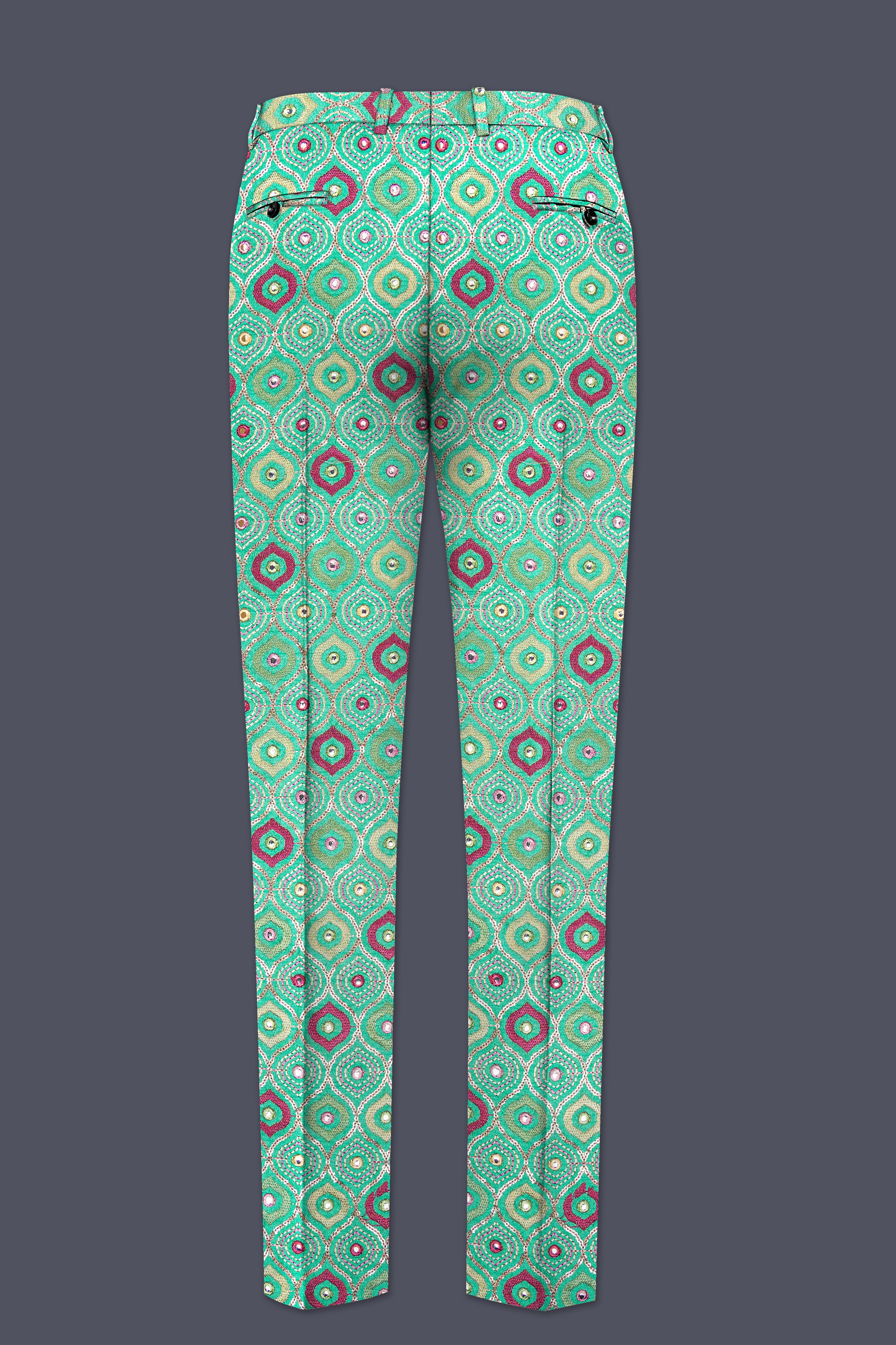 Florambre-Bermuda Green and Charm Pink Ogee Cotton Thread Embroidered Designer Stretchable Waistband Pant