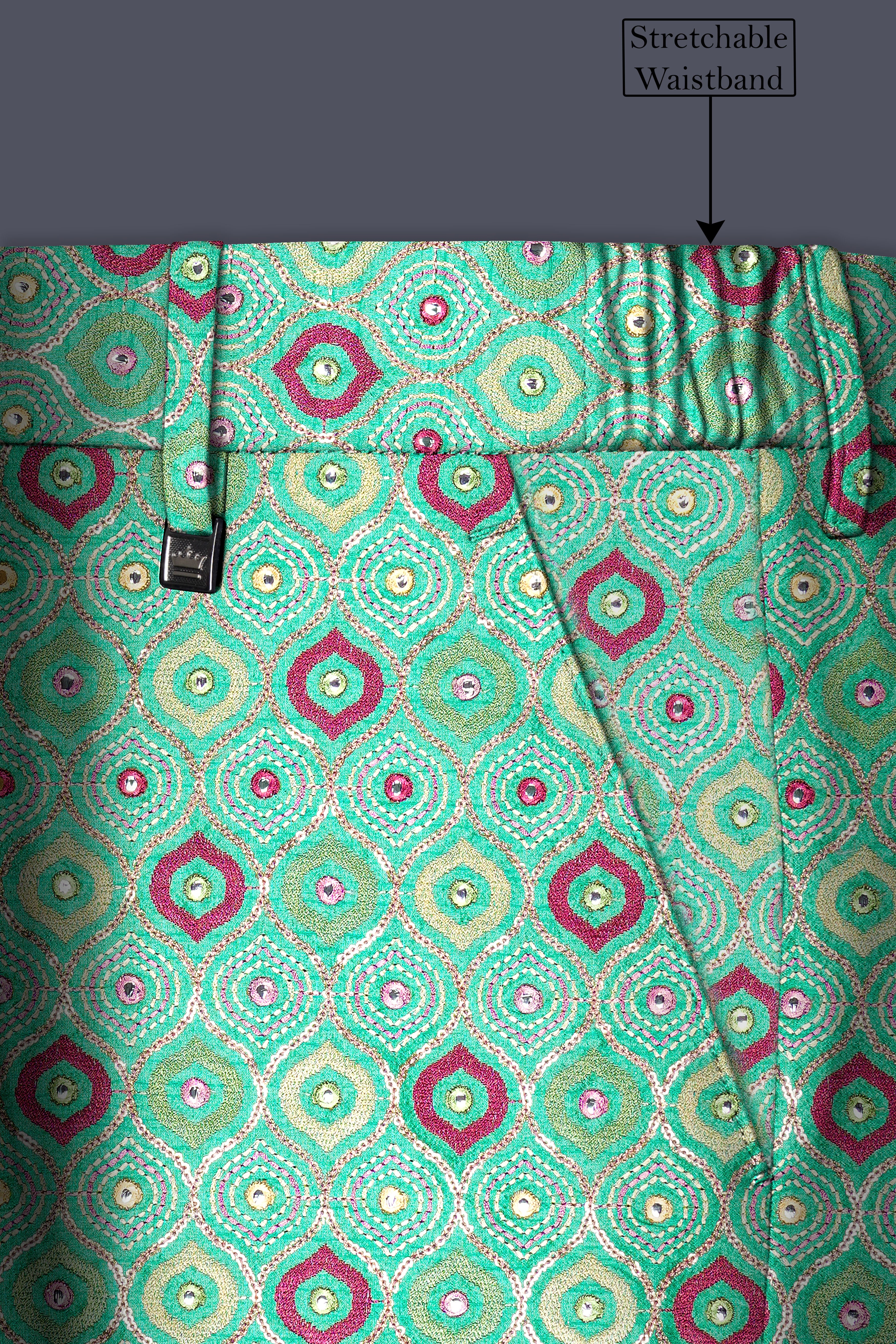 Florambre-Bermuda Green and Charm Pink Ogee Cotton Thread Embroidered Designer Stretchable Waistband Pant