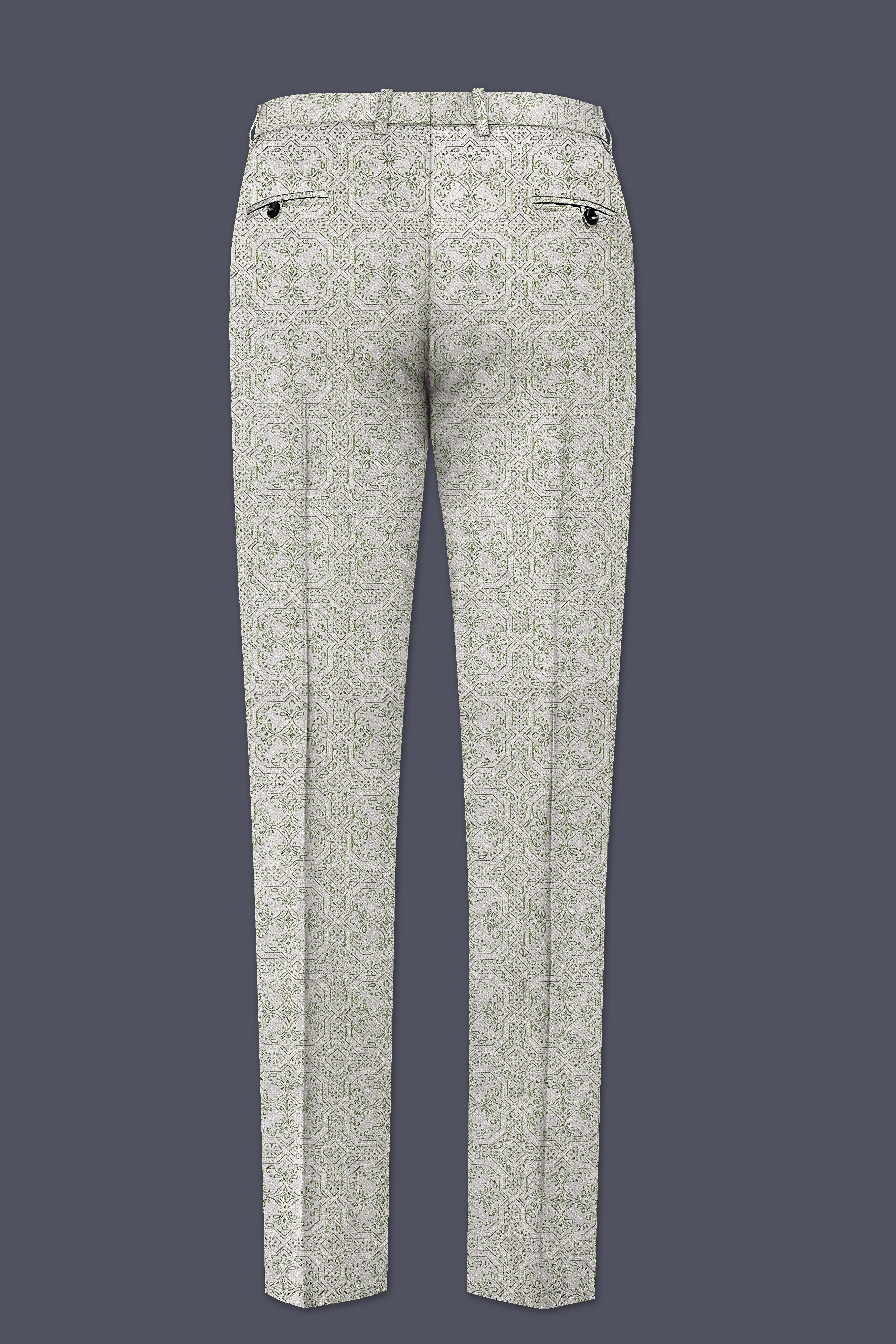 Gravino-Gainsboro Gray and Sage Green Geometric Jacquard Textured Designer Stretchable Waistband Pant