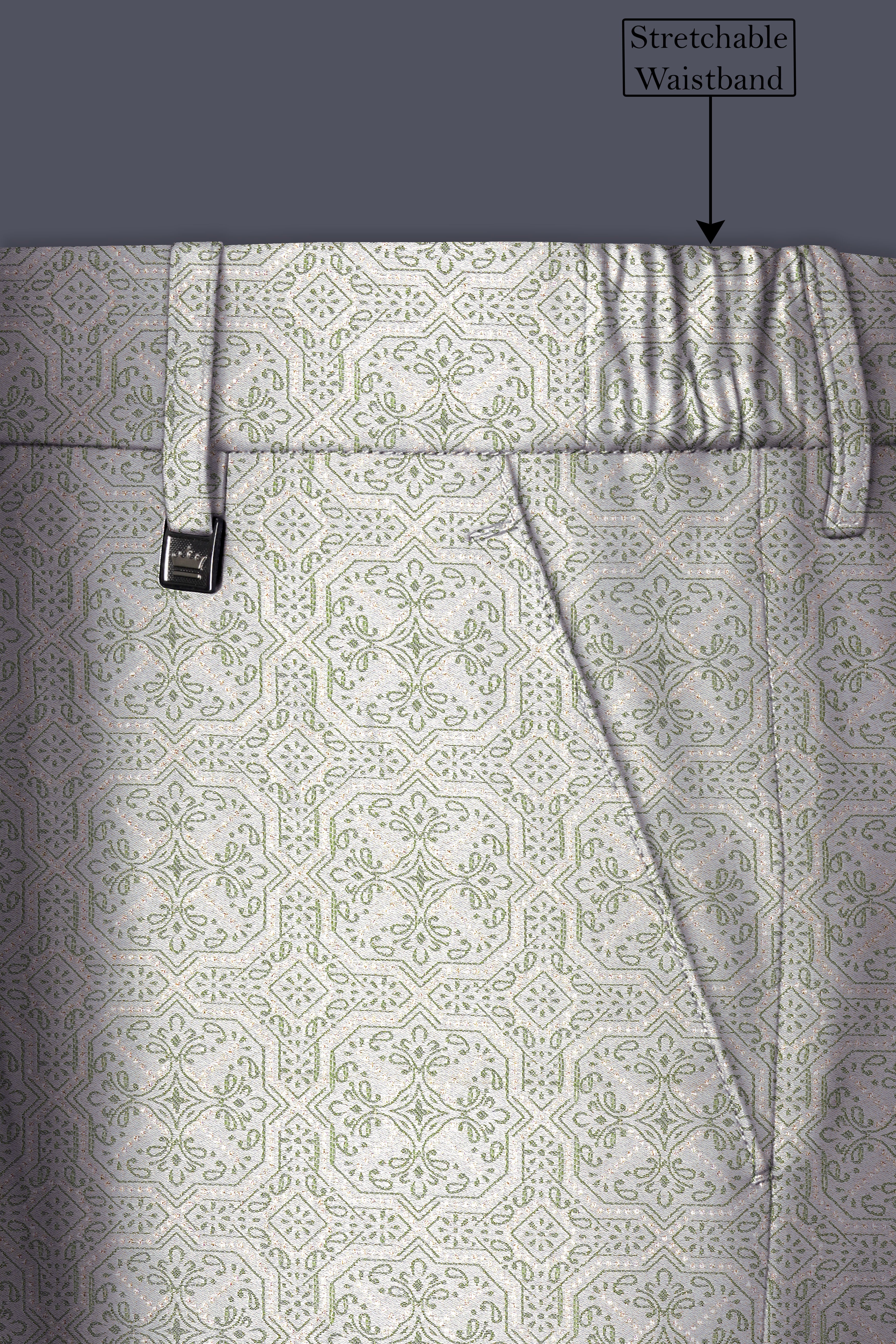 Gravino-Gainsboro Gray and Sage Green Geometric Jacquard Textured Designer Stretchable Waistband Pant