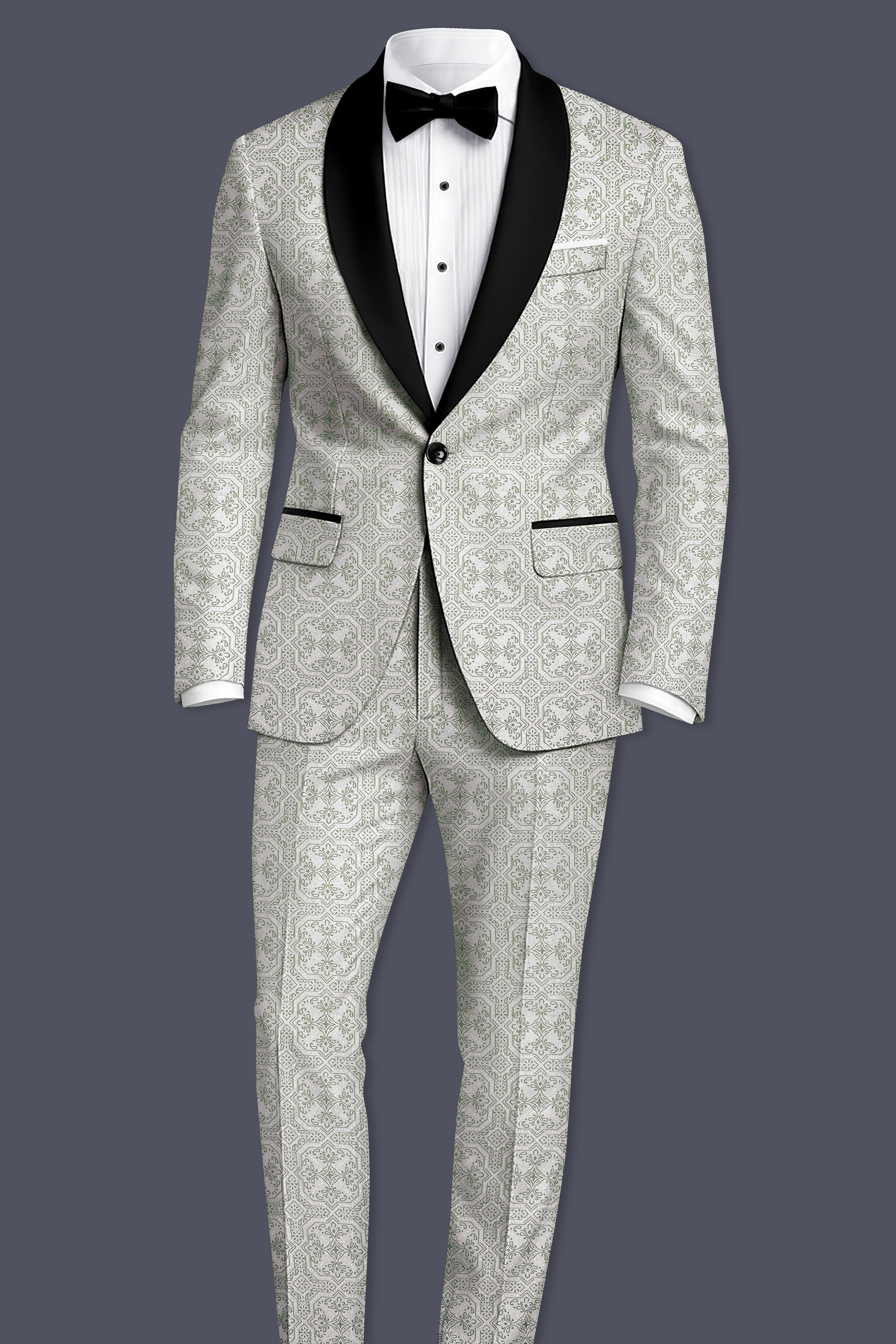 Gravino-Gainsboro Gray and Sage Green Geometric Jacquard Textured Designer Stretchable Waistband Pant