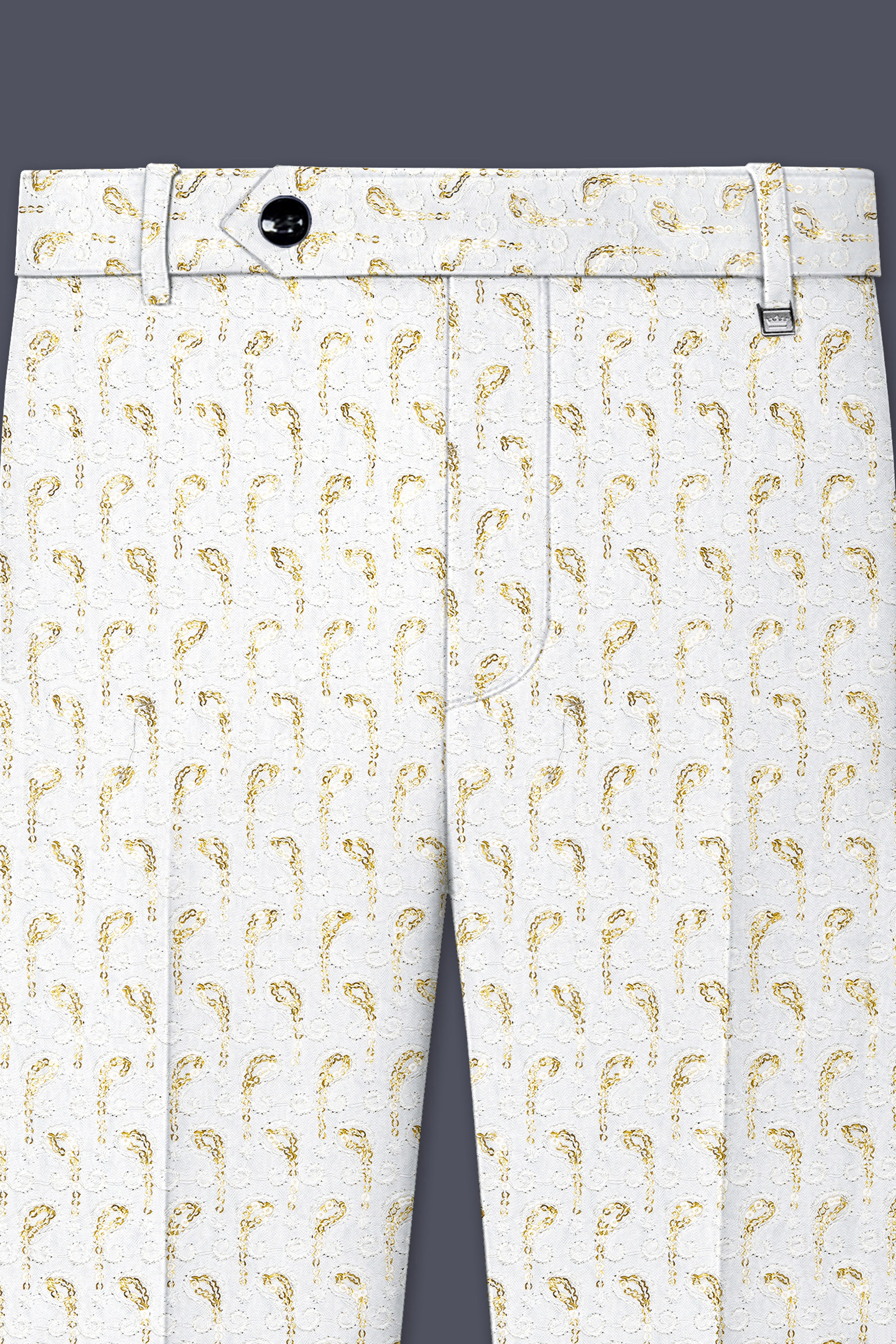 Sequenza-Bright White Leaves Pattern Sequin Embroidered Viscose Designer Stretchable Waistband Pant