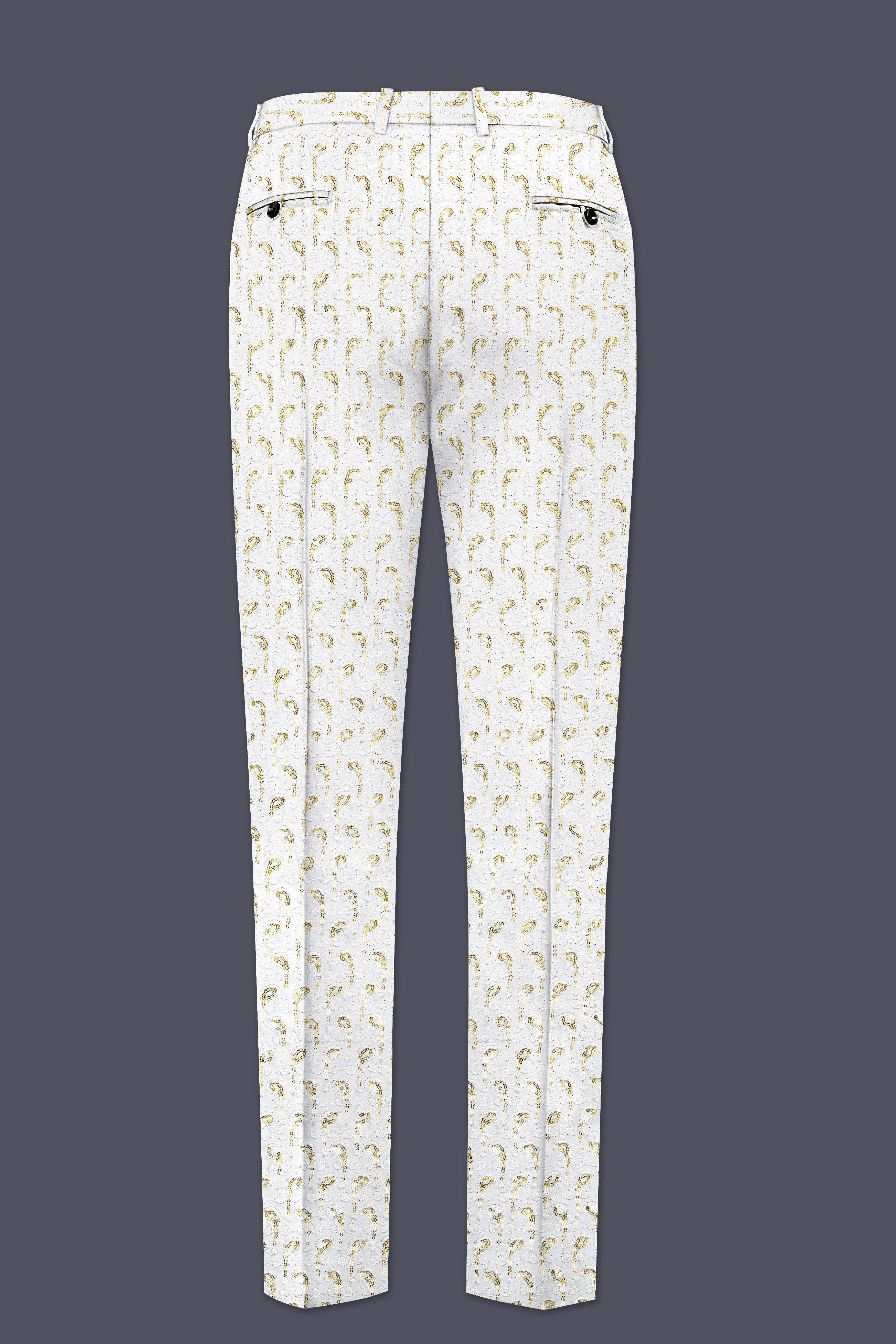 Sequenza-Bright White Leaves Pattern Sequin Embroidered Viscose Designer Stretchable Waistband Pant
