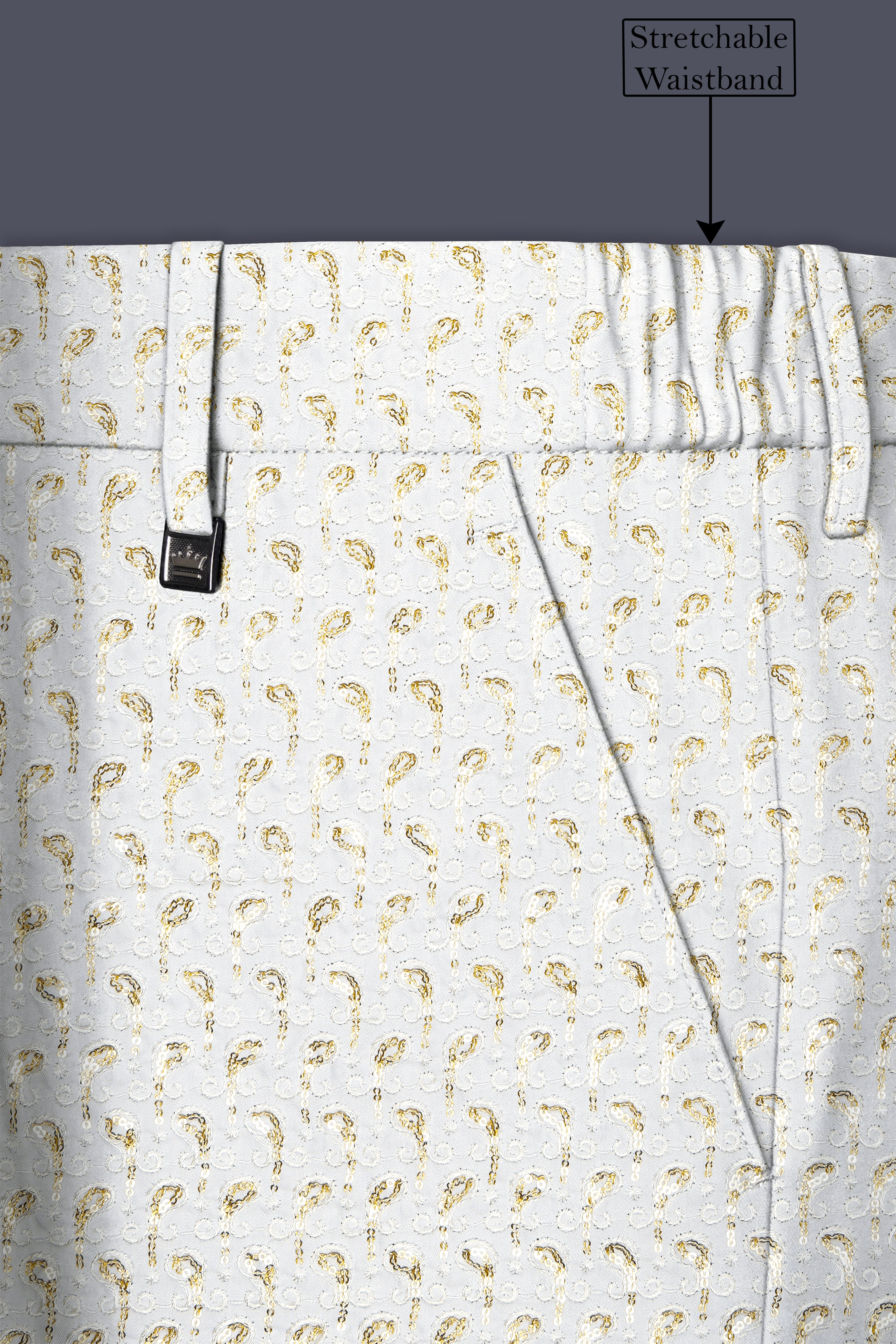 Sequenza-Bright White Leaves Pattern Sequin Embroidered Viscose Designer Stretchable Waistband Pant