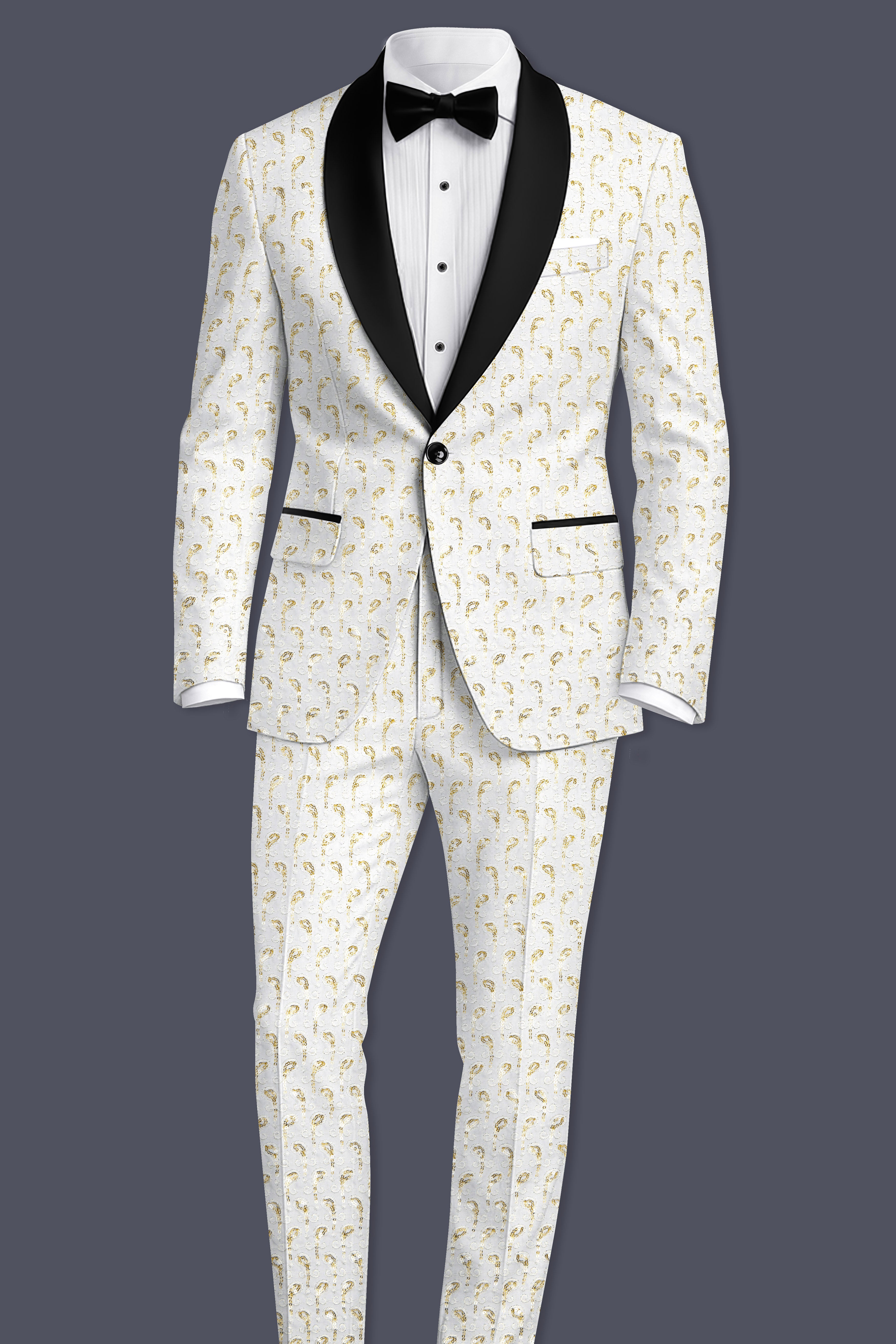 Sequenza-Bright White Leaves Pattern Sequin Embroidered Viscose Designer Stretchable Waistband Pant