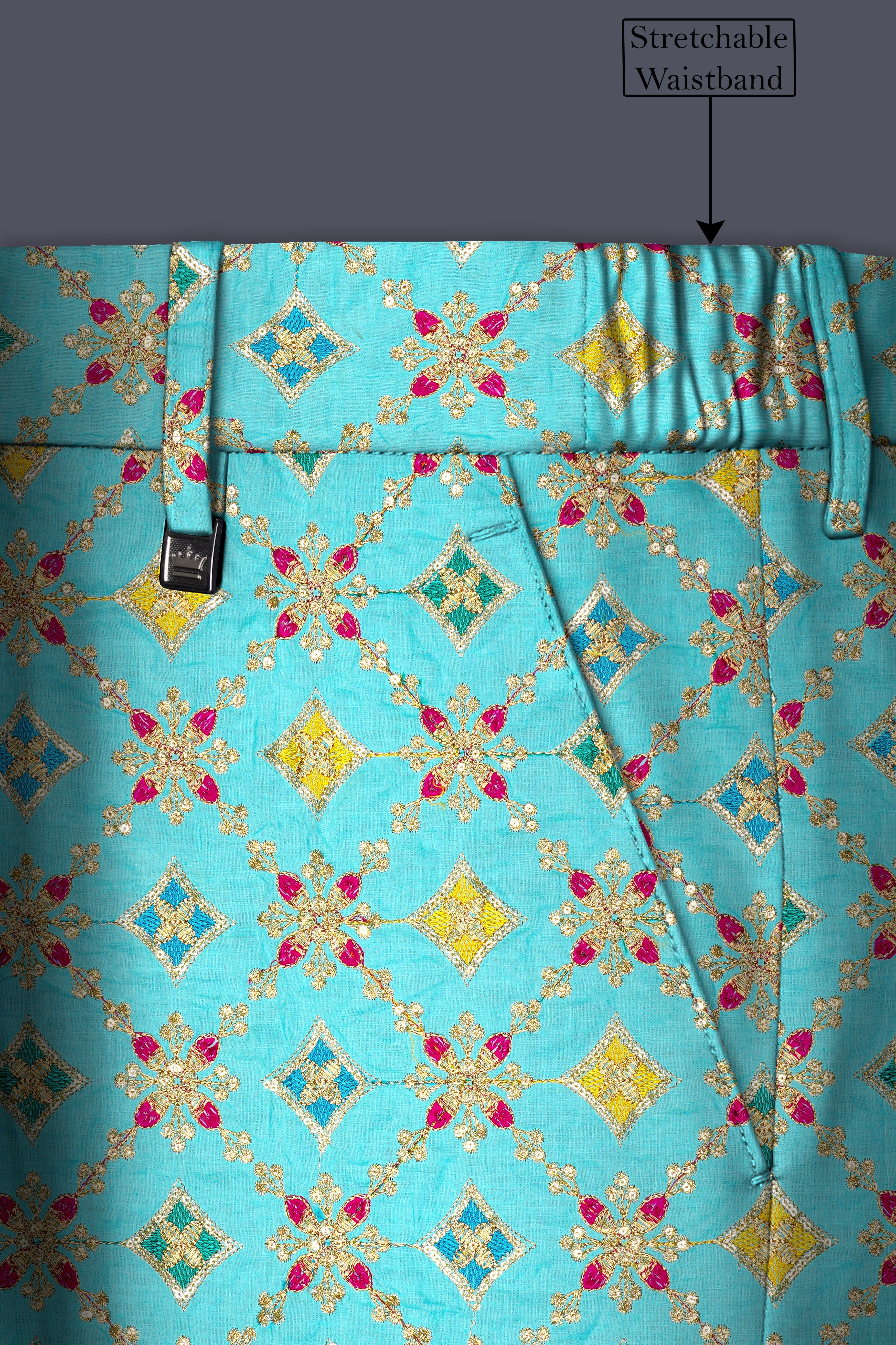 Floravio-Cyan Blue and Charm Pink Geometric Cotton Thread Embroidered Designer Stretchable Waistband Pant