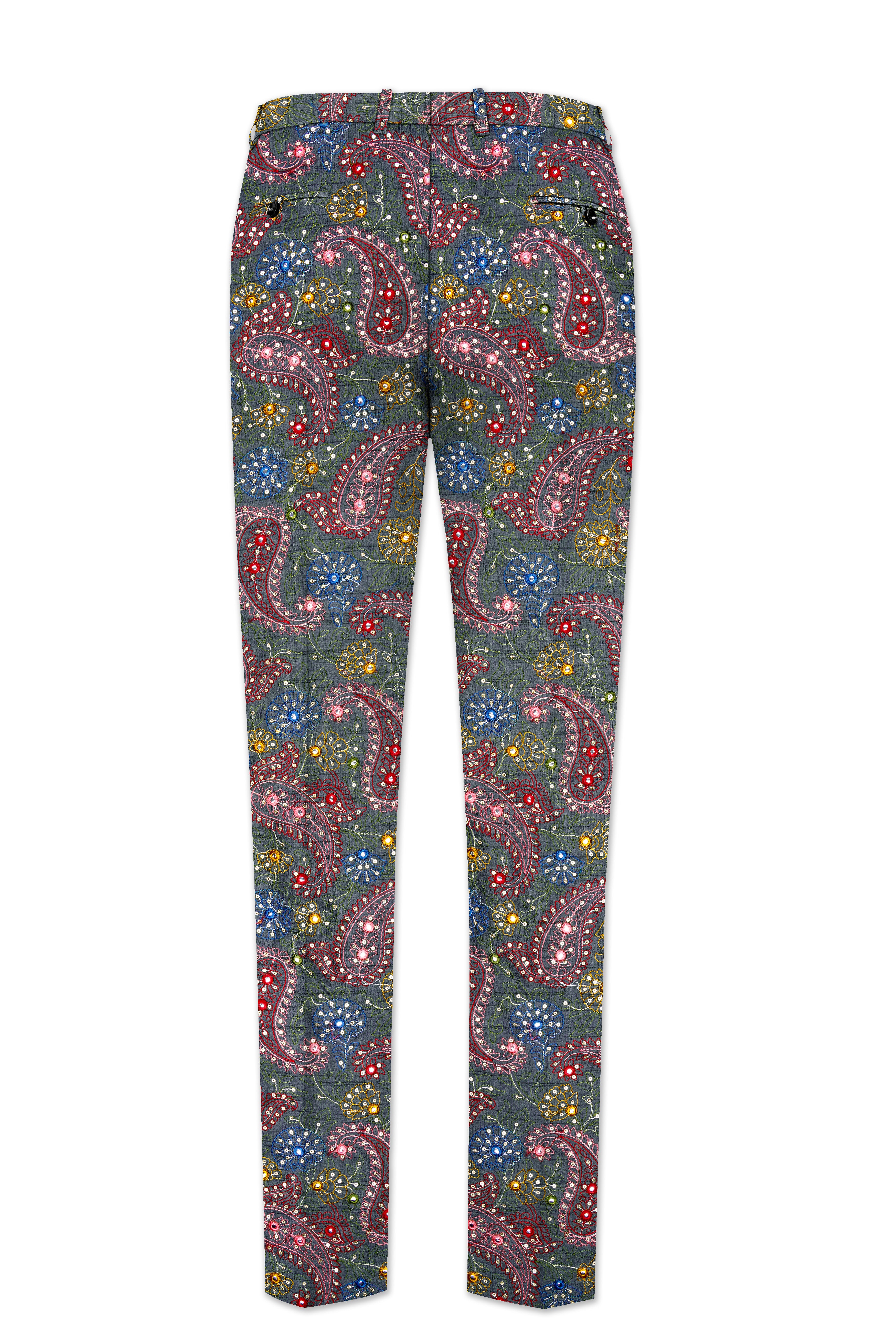 Paisora-Nickel Gray and Brink Pink Paisley Cotton Thread Embroidered Designer Stretchable Waistband Pant