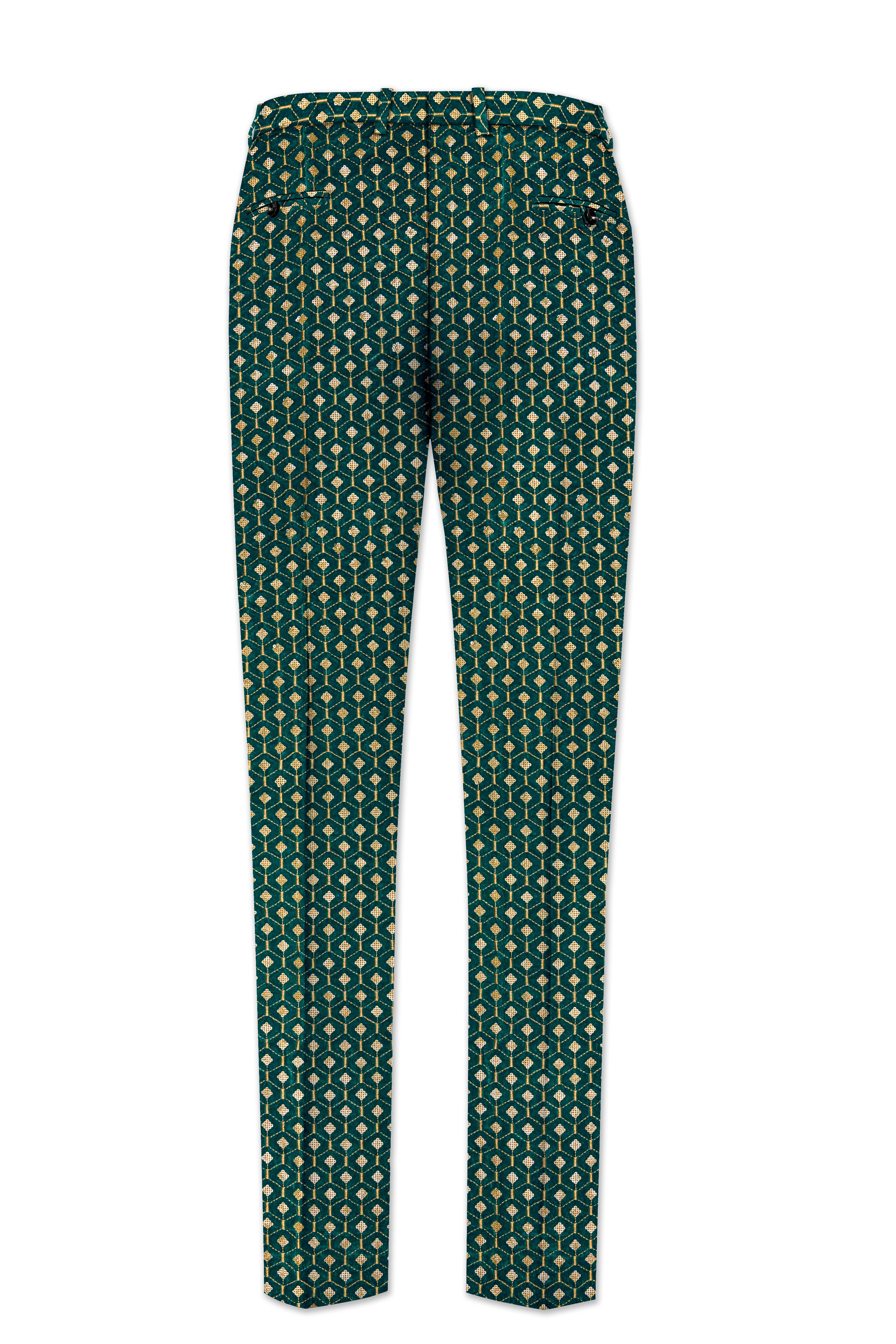 Aurevra-Sherpa Green and Givry Cream Hexagon Sequin and Thread Embroidered Designer Stretchable Waistband Pant