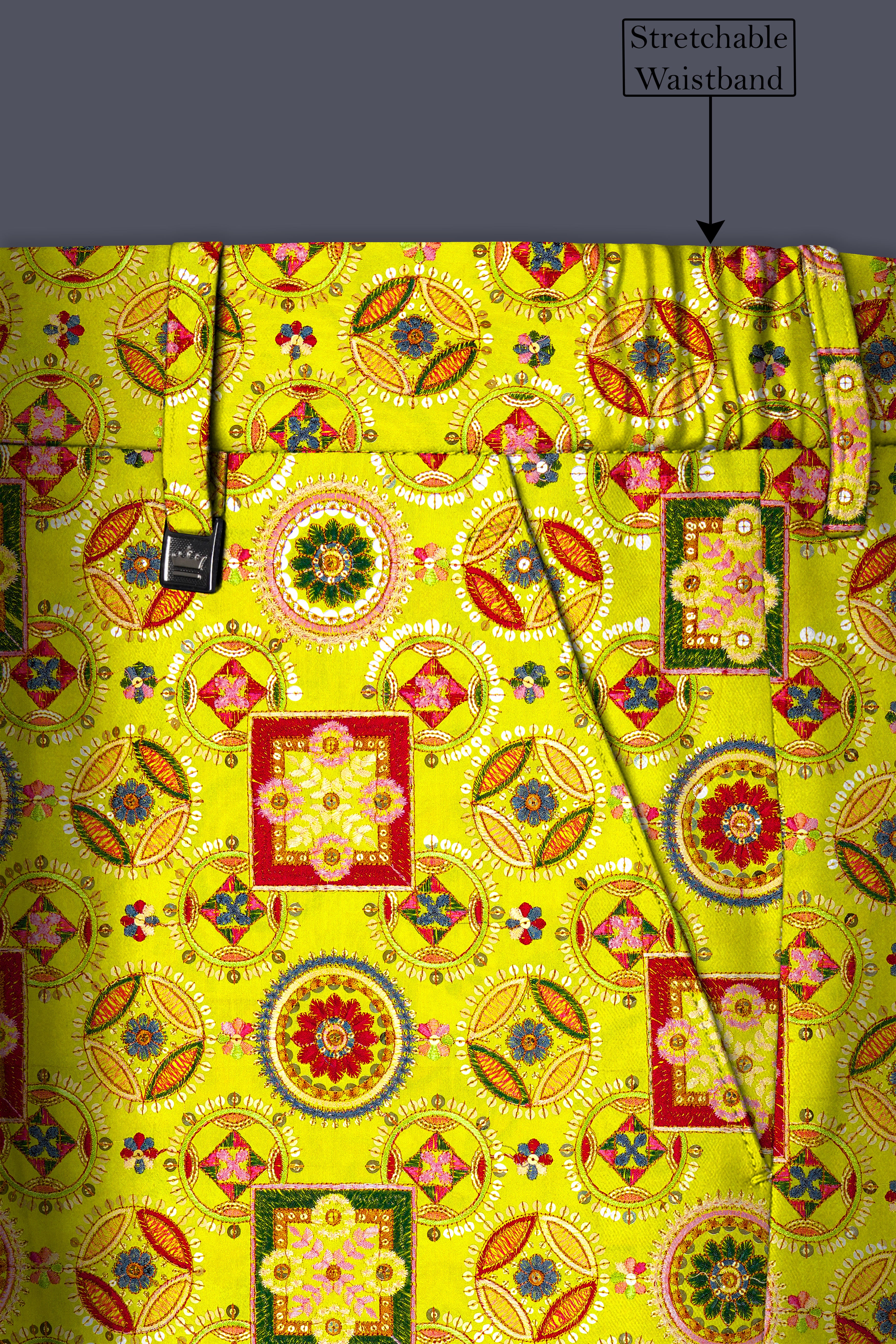 Coutflora-Custard Yellow Multicolour Cotton Thread Embroidered Designer Stretchable Waistband Pant