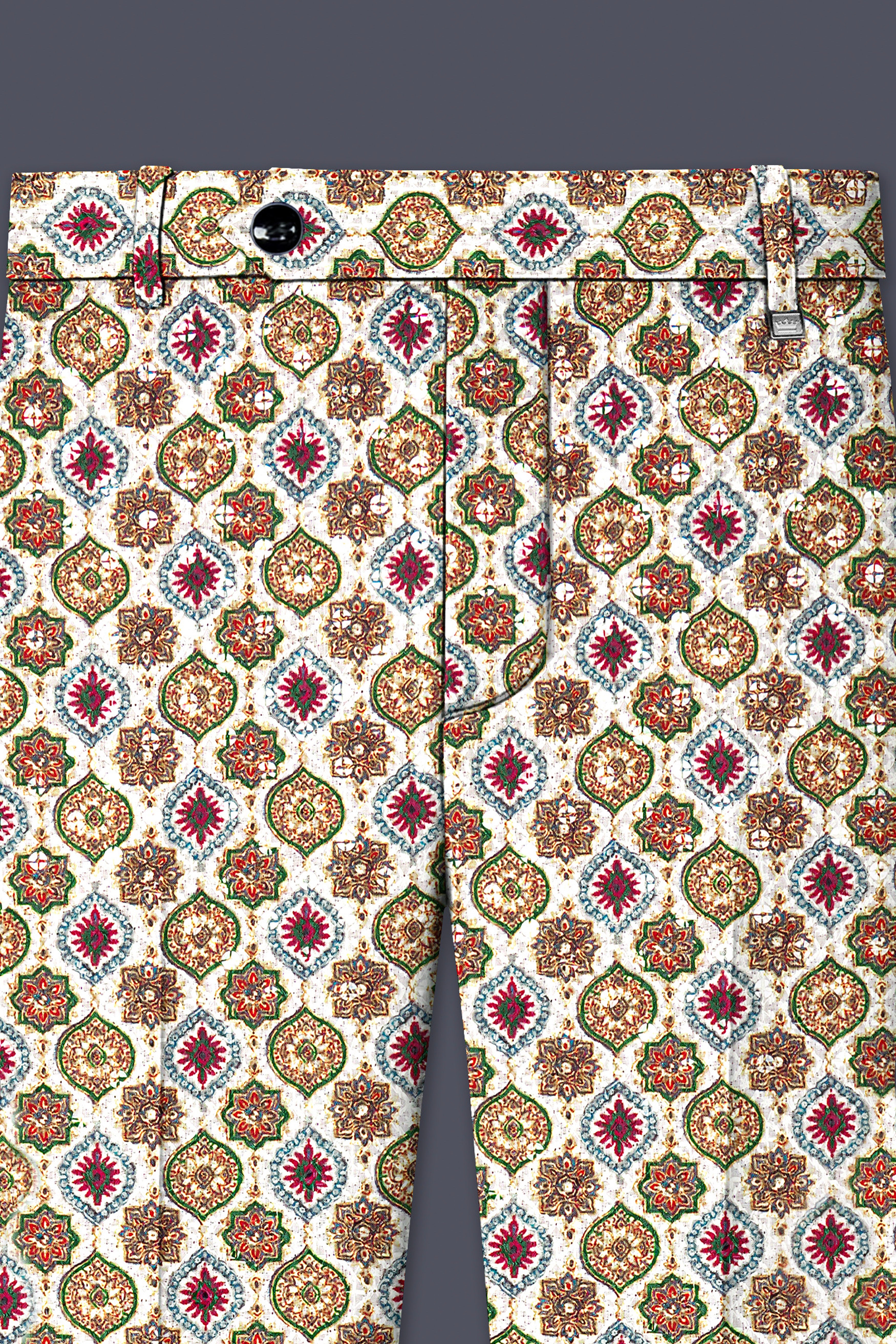 Alvesso-Bright White And Spruce Green Embroidered Designer Stretchable Waistband Pant