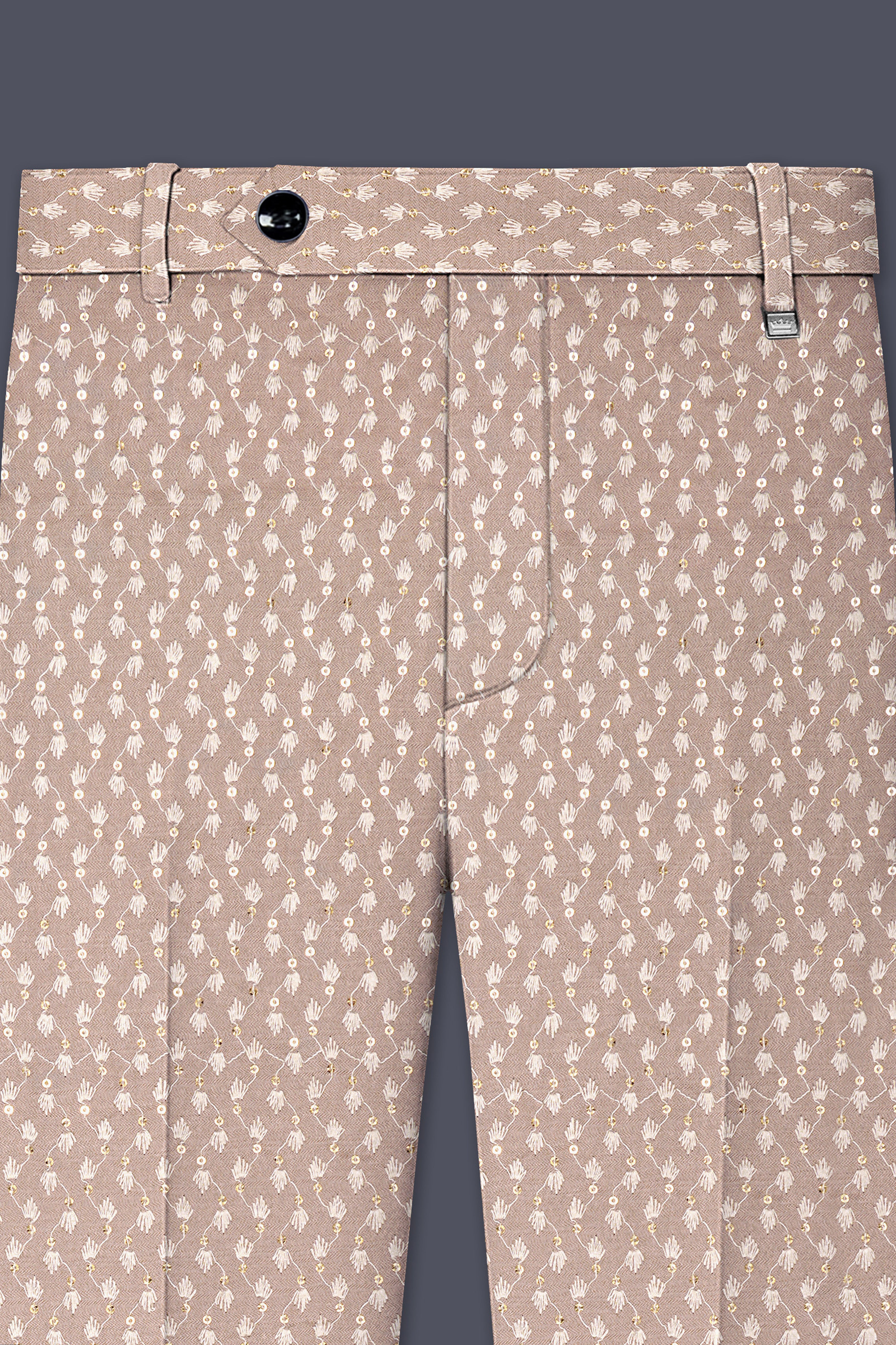 Brunora-Clam Shell Brown Embroidered Viscose Designer Stretchable Waistband Pant