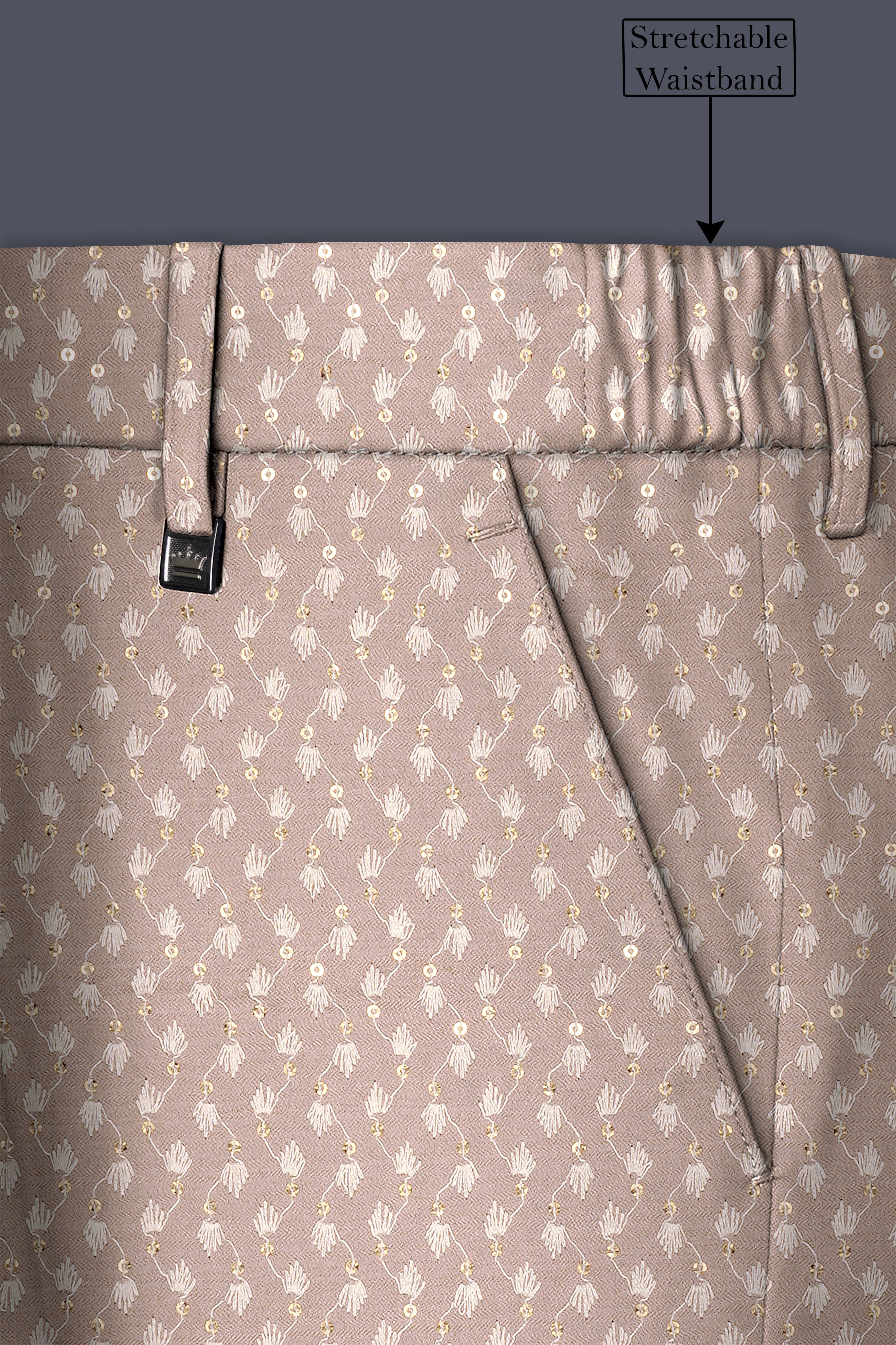 Brunora-Clam Shell Brown Embroidered Viscose Designer Stretchable Waistband Pant