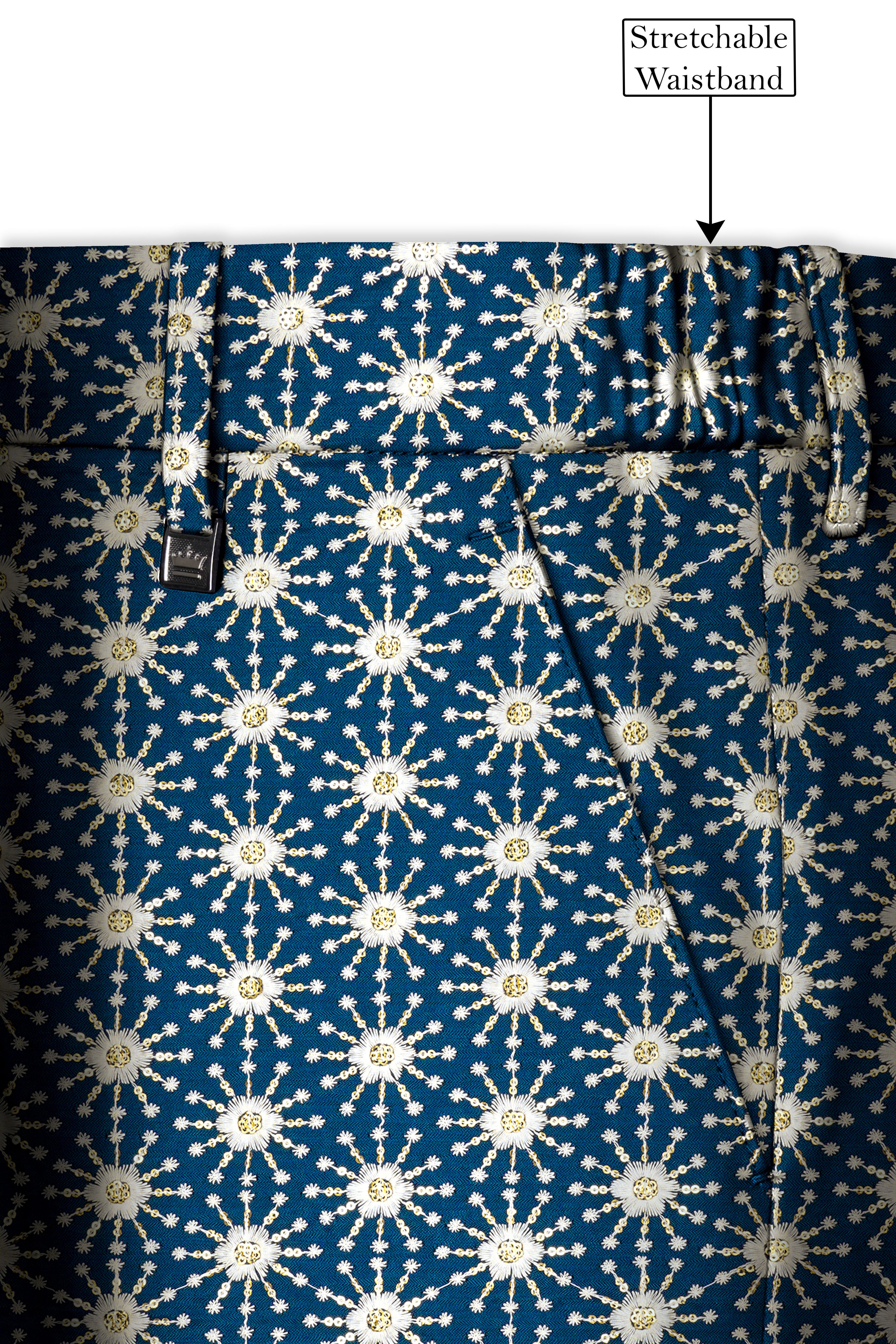 Bluviera-Sherpa Blue and Bright White Floral Embroidered with Sequin Work Viscose Designer Stretchable Waistband Pant