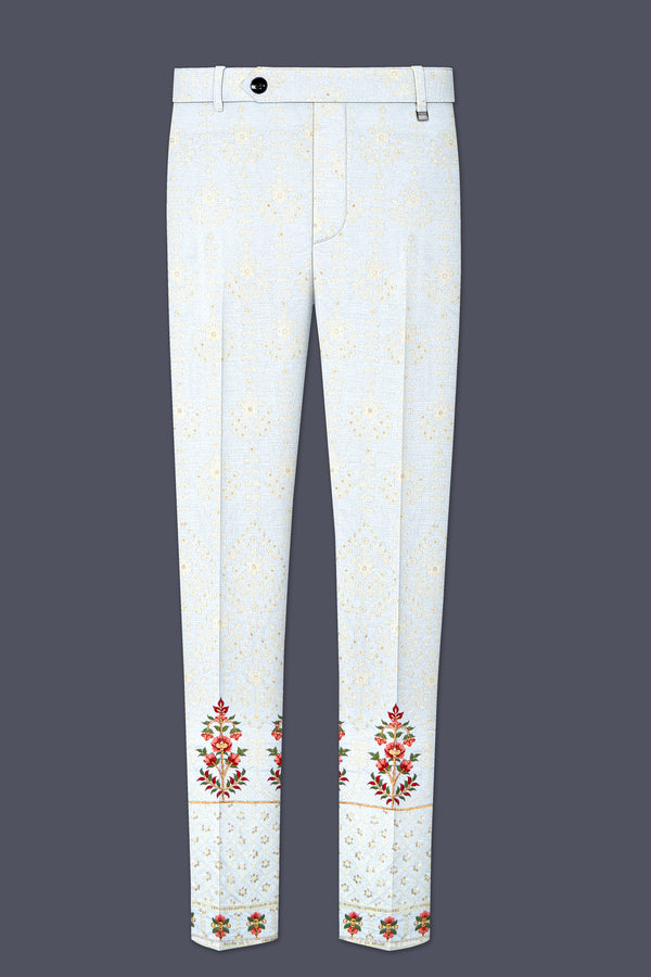 Rosavon-Merino Cream and Merlot Red Multicolour Thread and Sequin Embroidered Designer Stretchable Waistband Pant