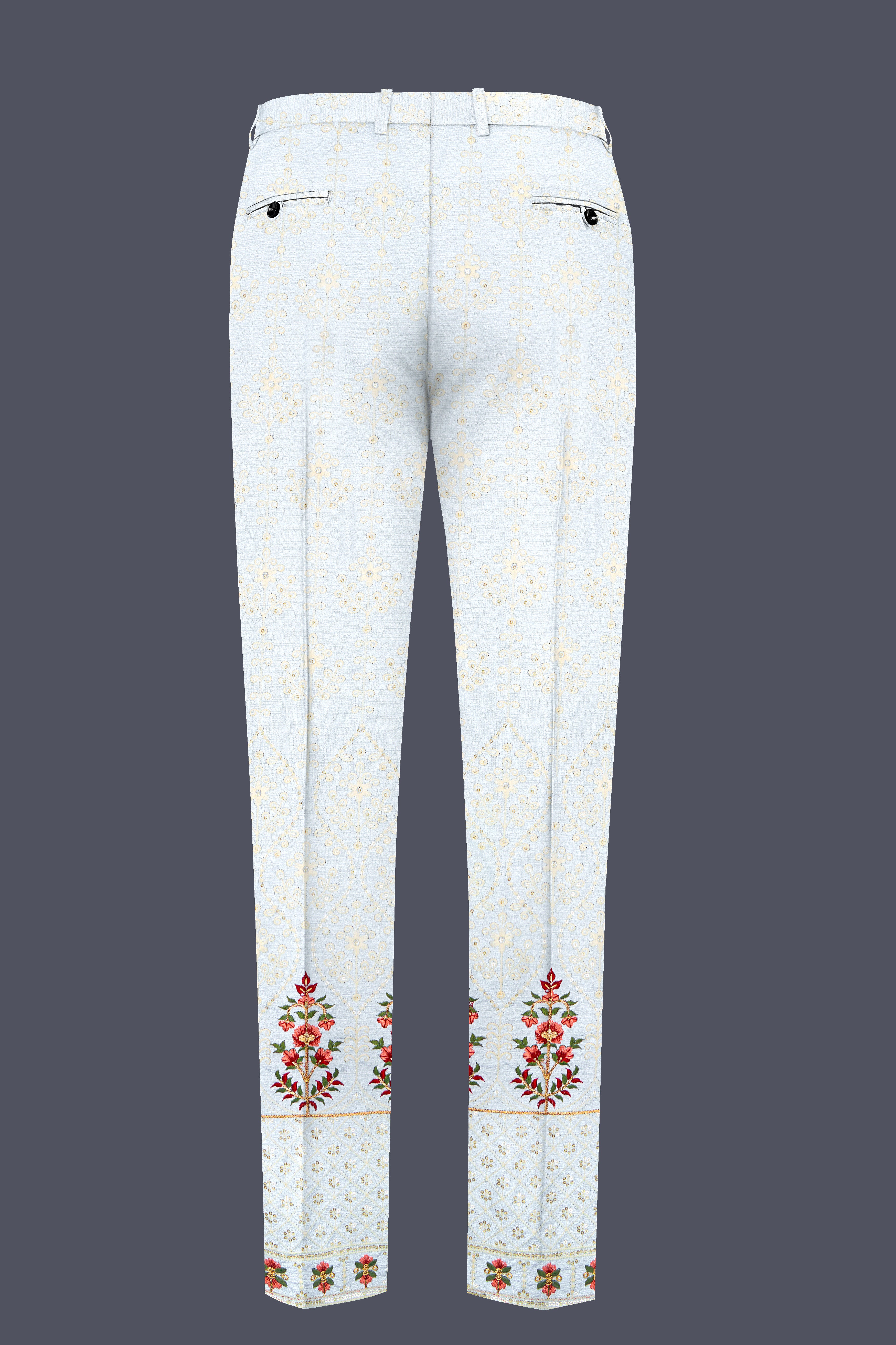 Rosavon-Merino Cream and Merlot Red Multicolour Thread and Sequin Embroidered Designer Stretchable Waistband Pant