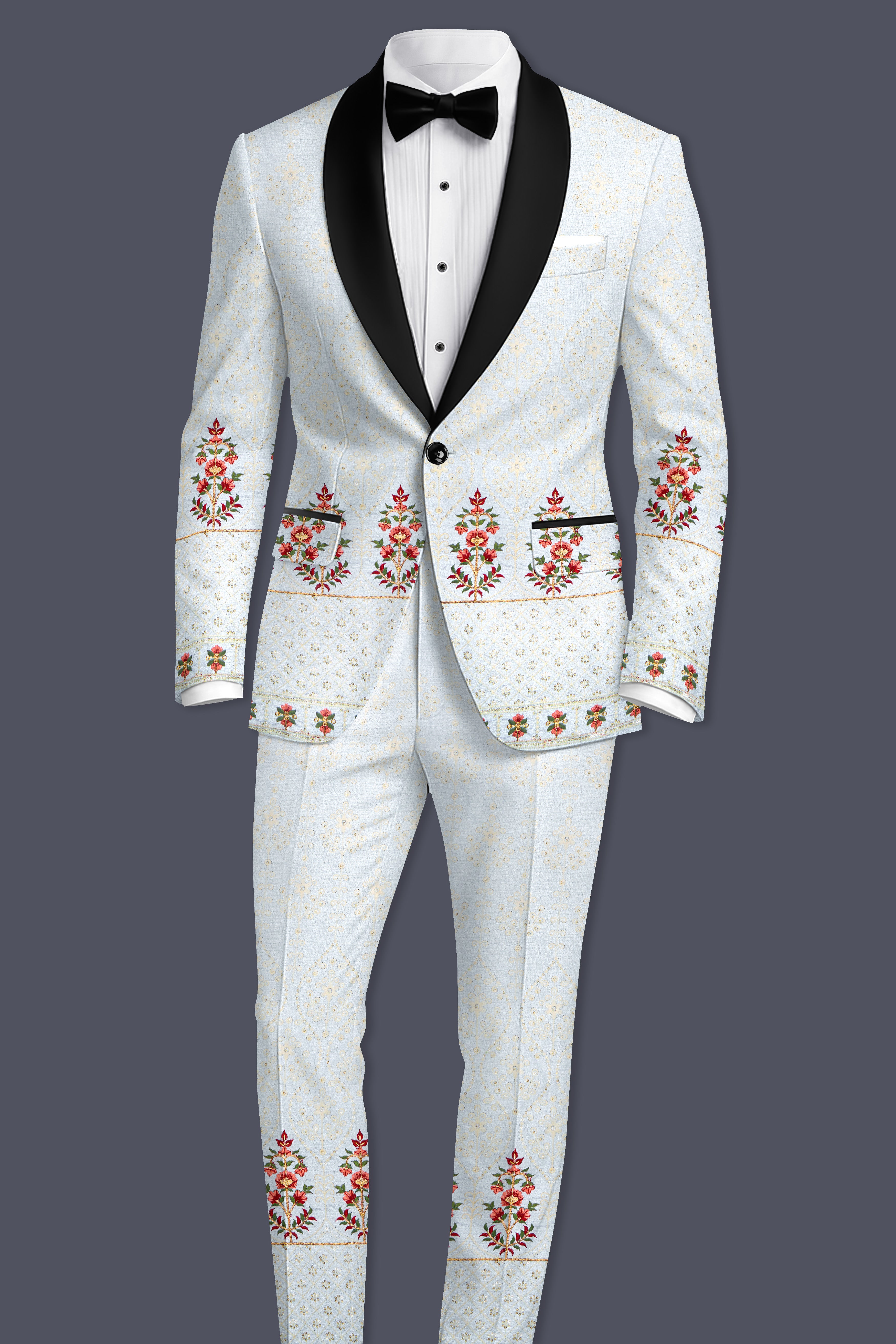Rosavon-Merino Cream and Merlot Red Multicolour Thread and Sequin Embroidered Designer Stretchable Waistband Pant