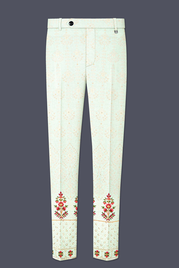 Finvera-Merino Cream with Finch Green Thread and Sequin Embroidered Designer Stretchable Waistband Pant