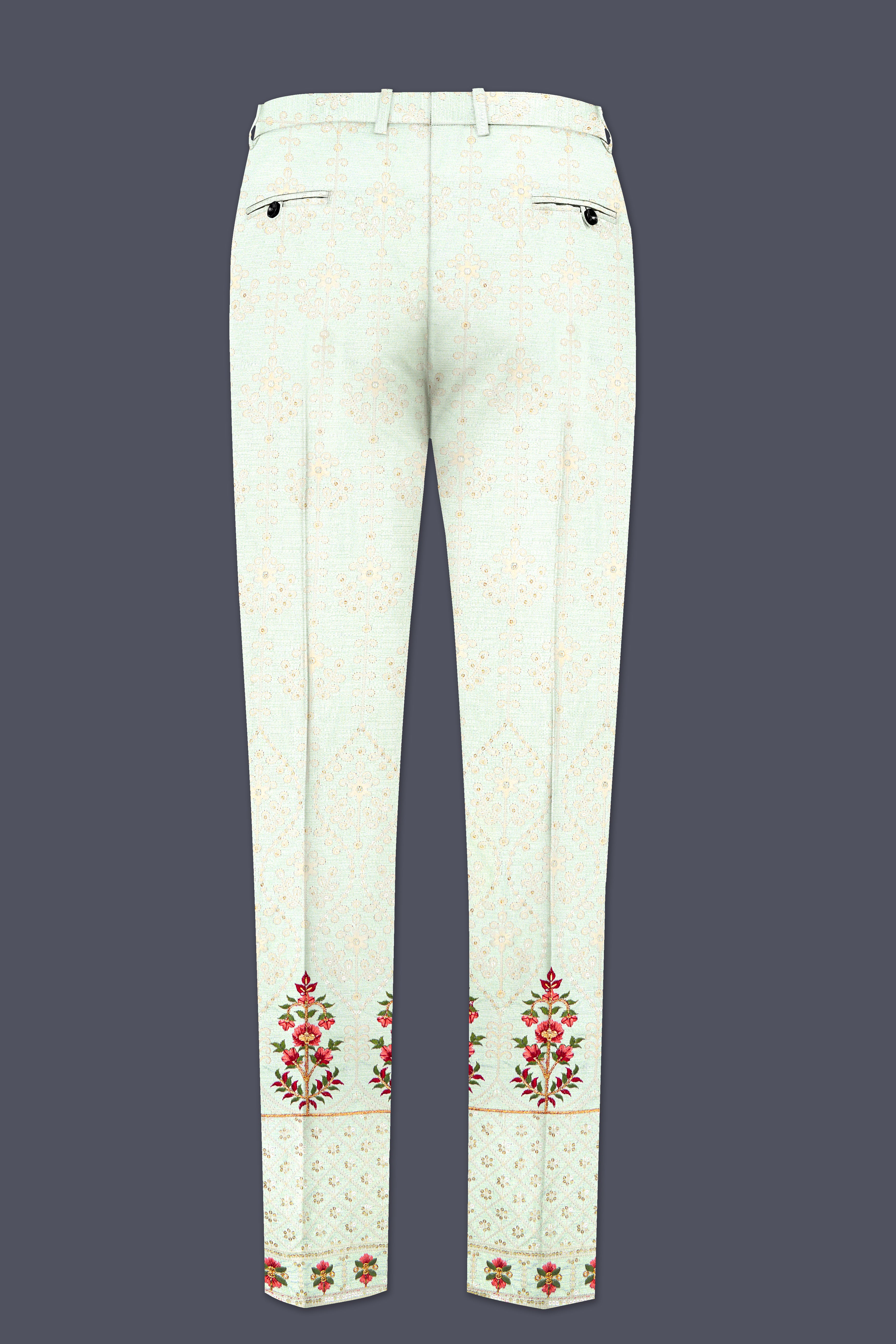Finvera-Merino Cream with Finch Green Thread and Sequin Embroidered Designer Stretchable Waistband Pant