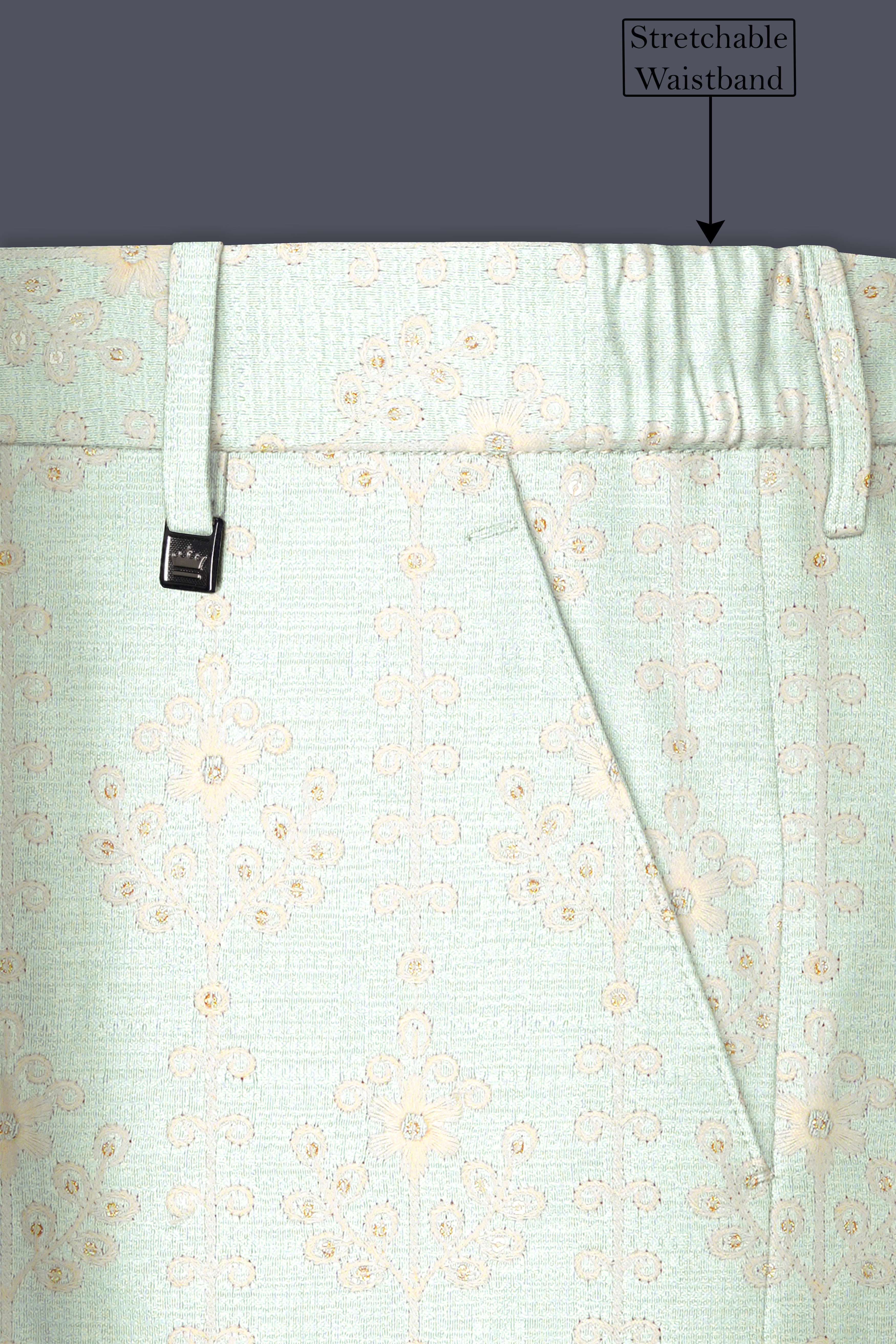Finvera-Merino Cream with Finch Green Thread and Sequin Embroidered Designer Stretchable Waistband Pant