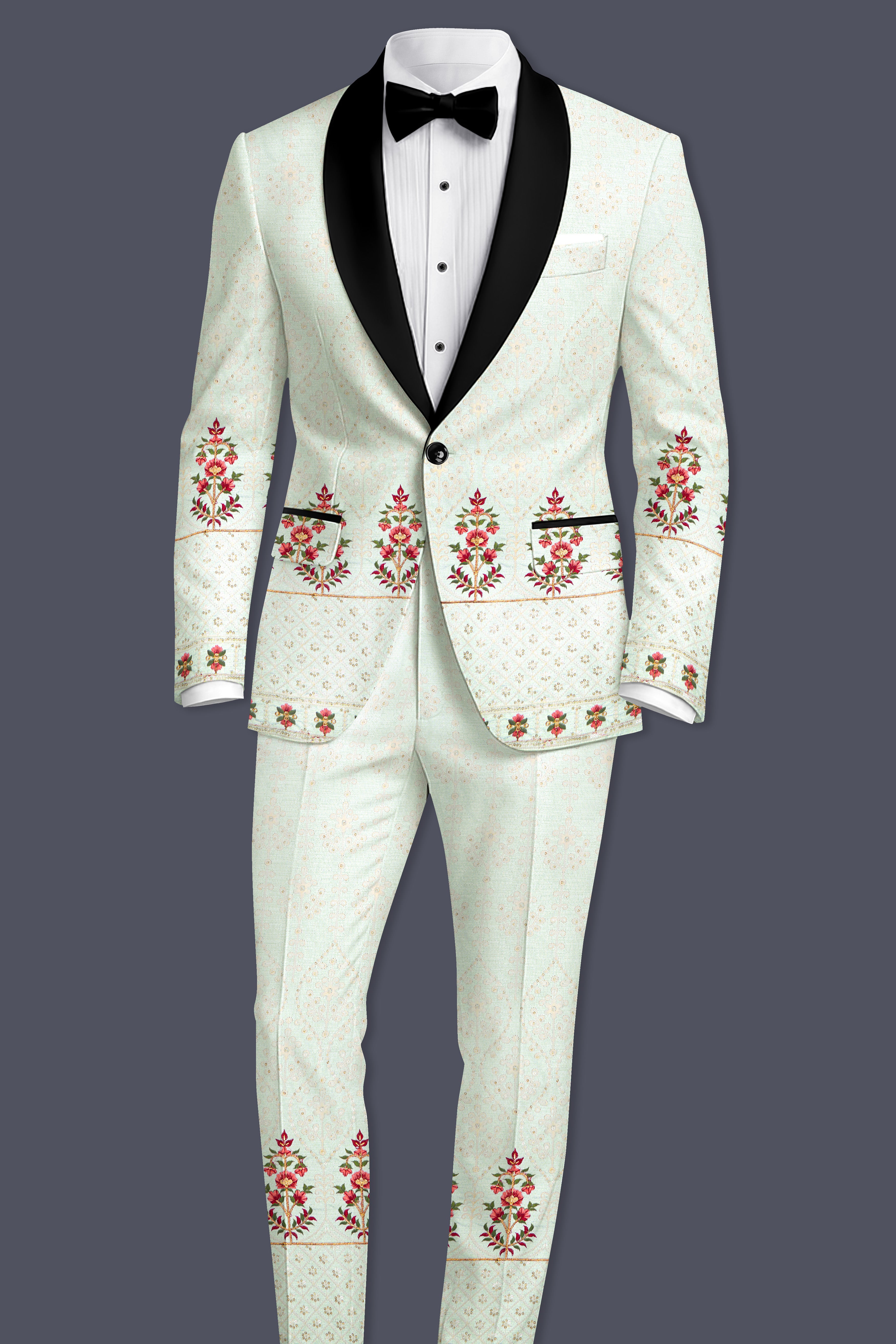 Finvera-Merino Cream with Finch Green Thread and Sequin Embroidered Designer Stretchable Waistband Pant