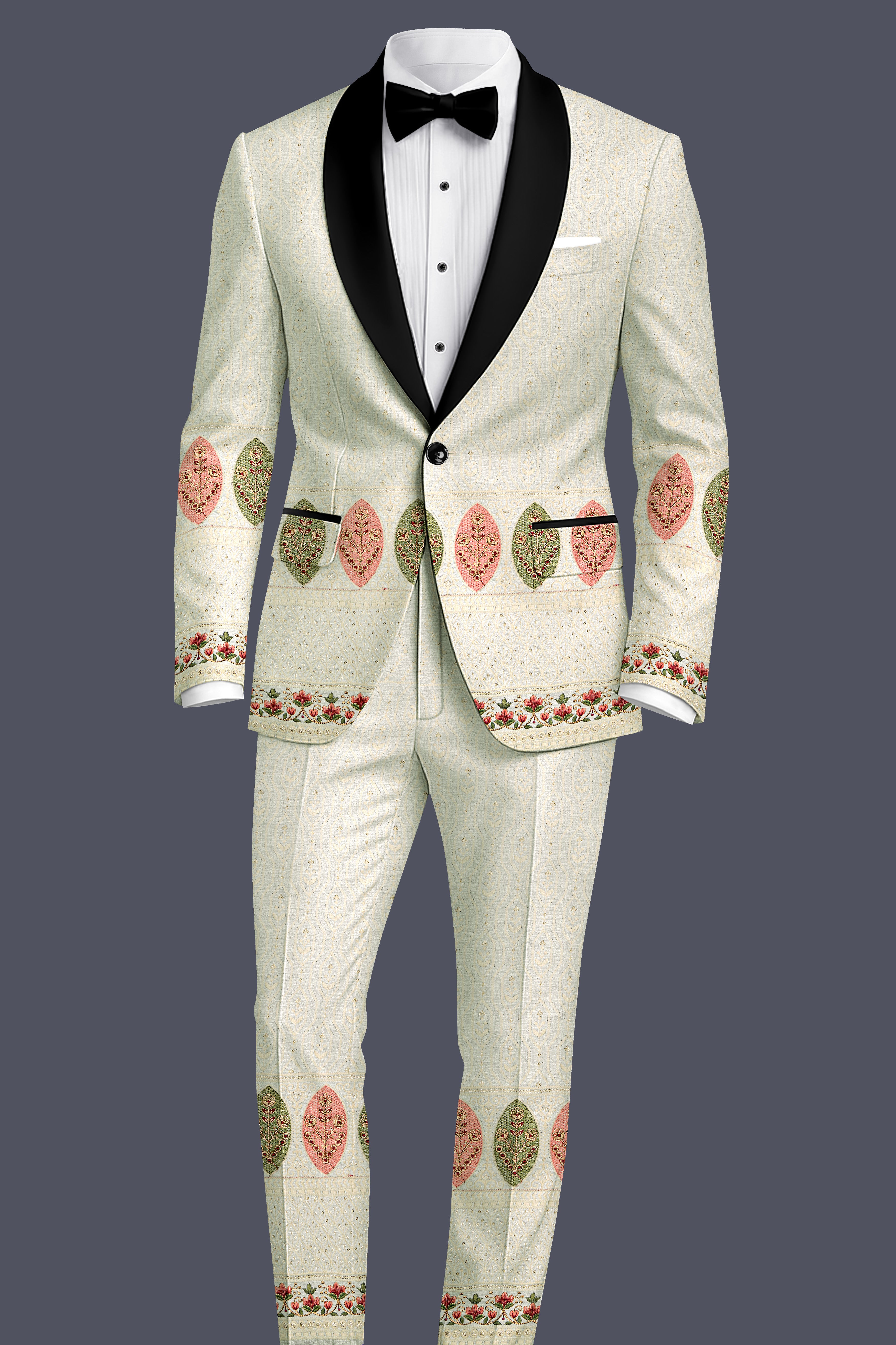 Lustrara-Antique Cream and Peachy Peach Thread and Sequin Embroidered Designer Stretchable Waistband Pant