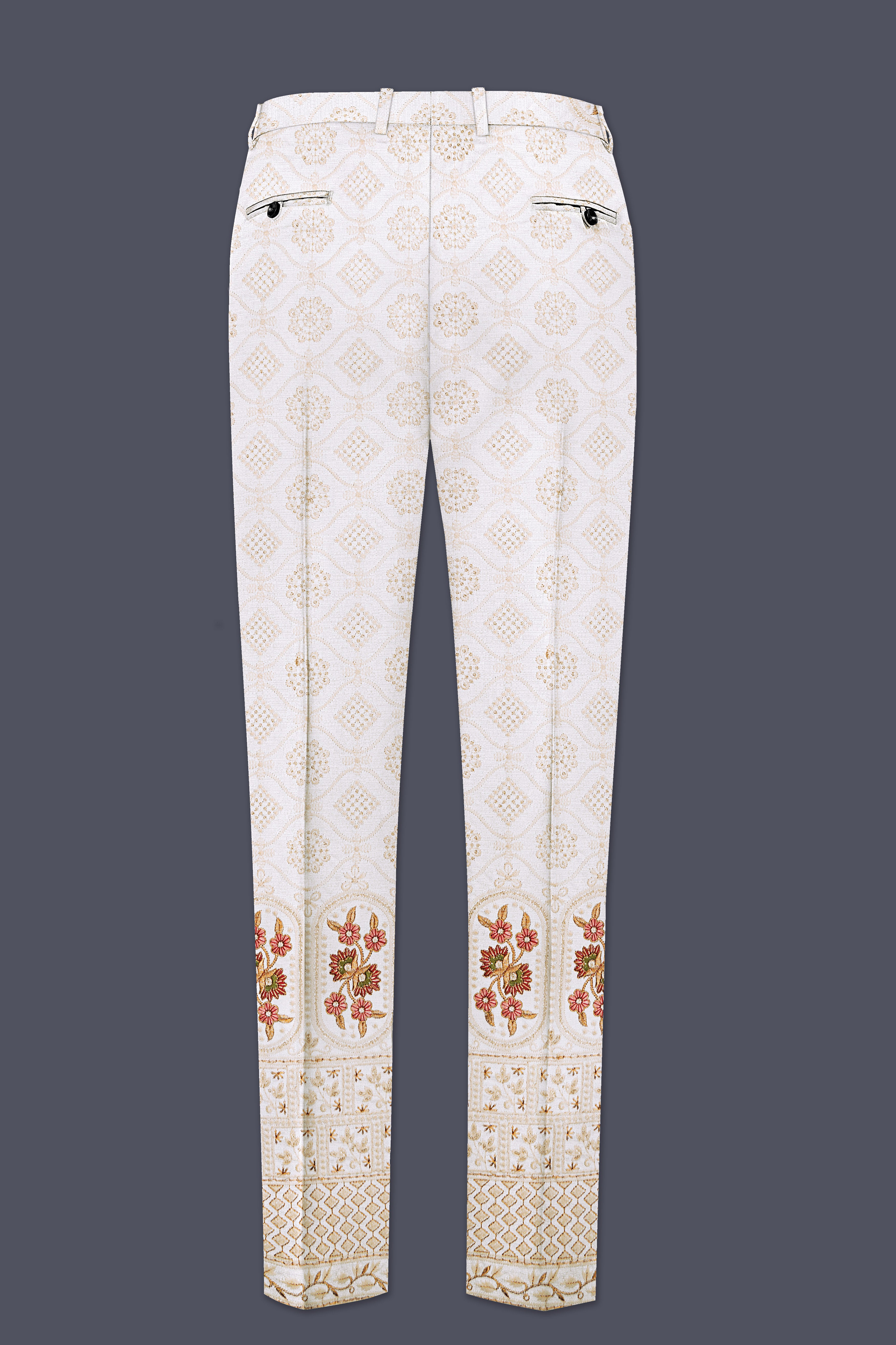 Aurevia-Spanish Cream and Flamingo Peach Thread and Sequin Embroidered Designer Stretchable Waistband Pant
